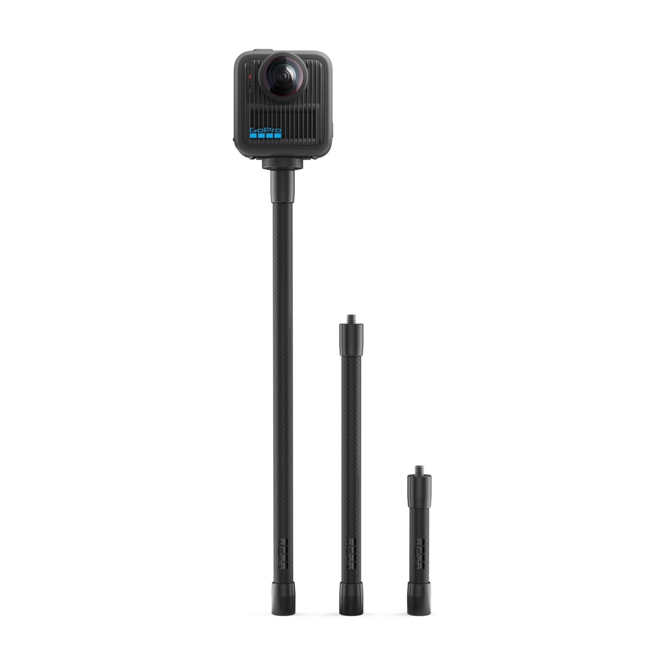 GoPro Kamera mit drei flexiblen Verlängerungsstangen in verschiedenen Längen.