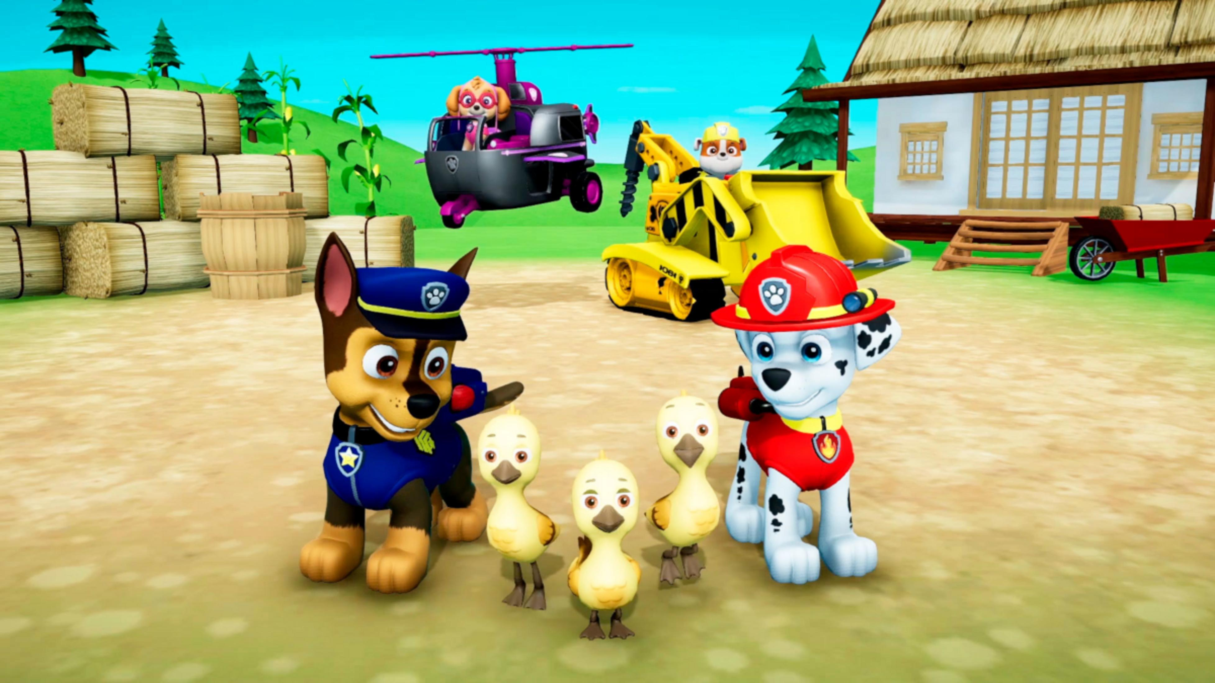 Zwei Paw Patrol Hunde, Chase und Marshall, stehen mit drei Küken auf einem Bauernhof.