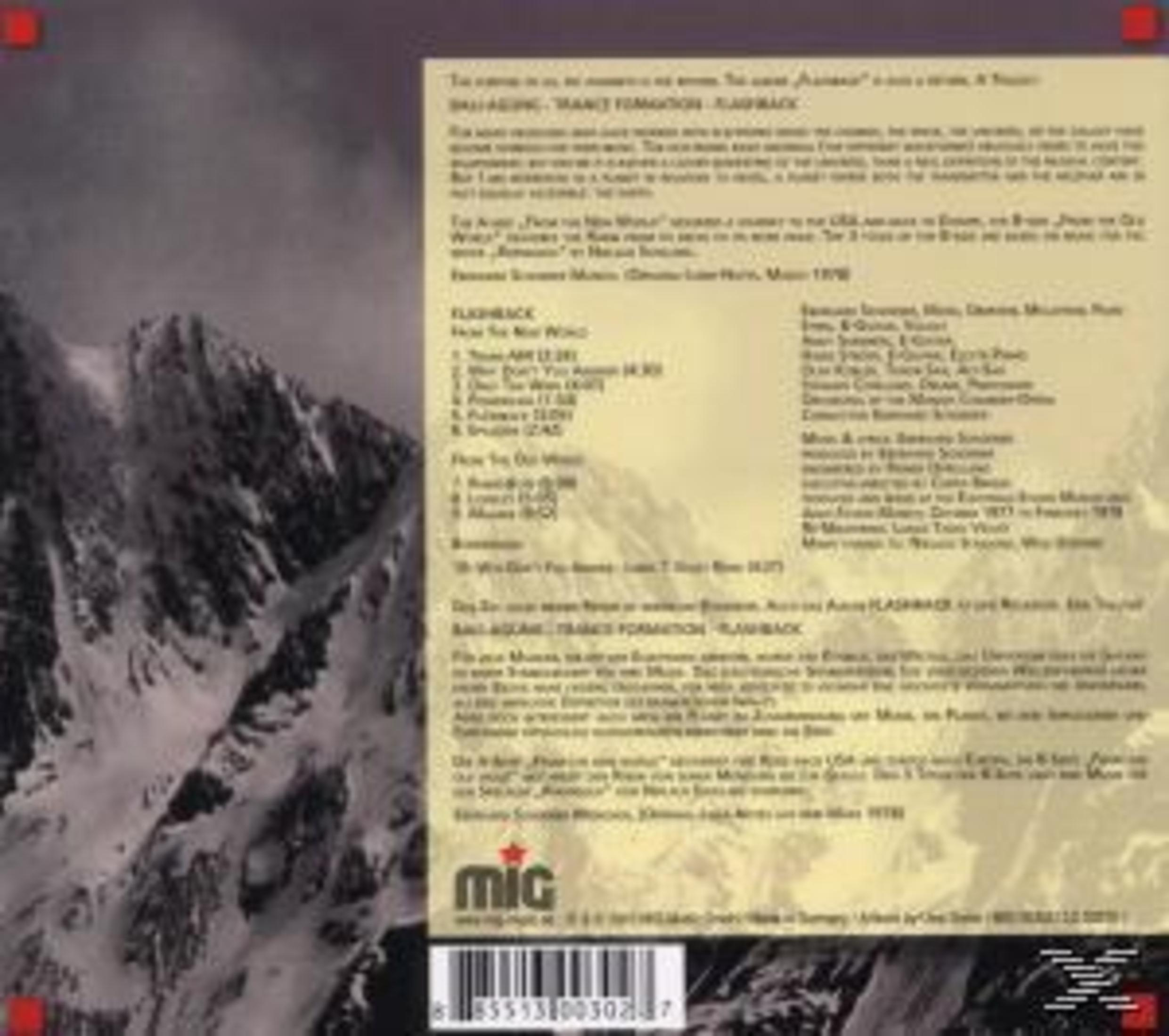Rückseite eines Albumcovers mit Berglandschaft und Text.