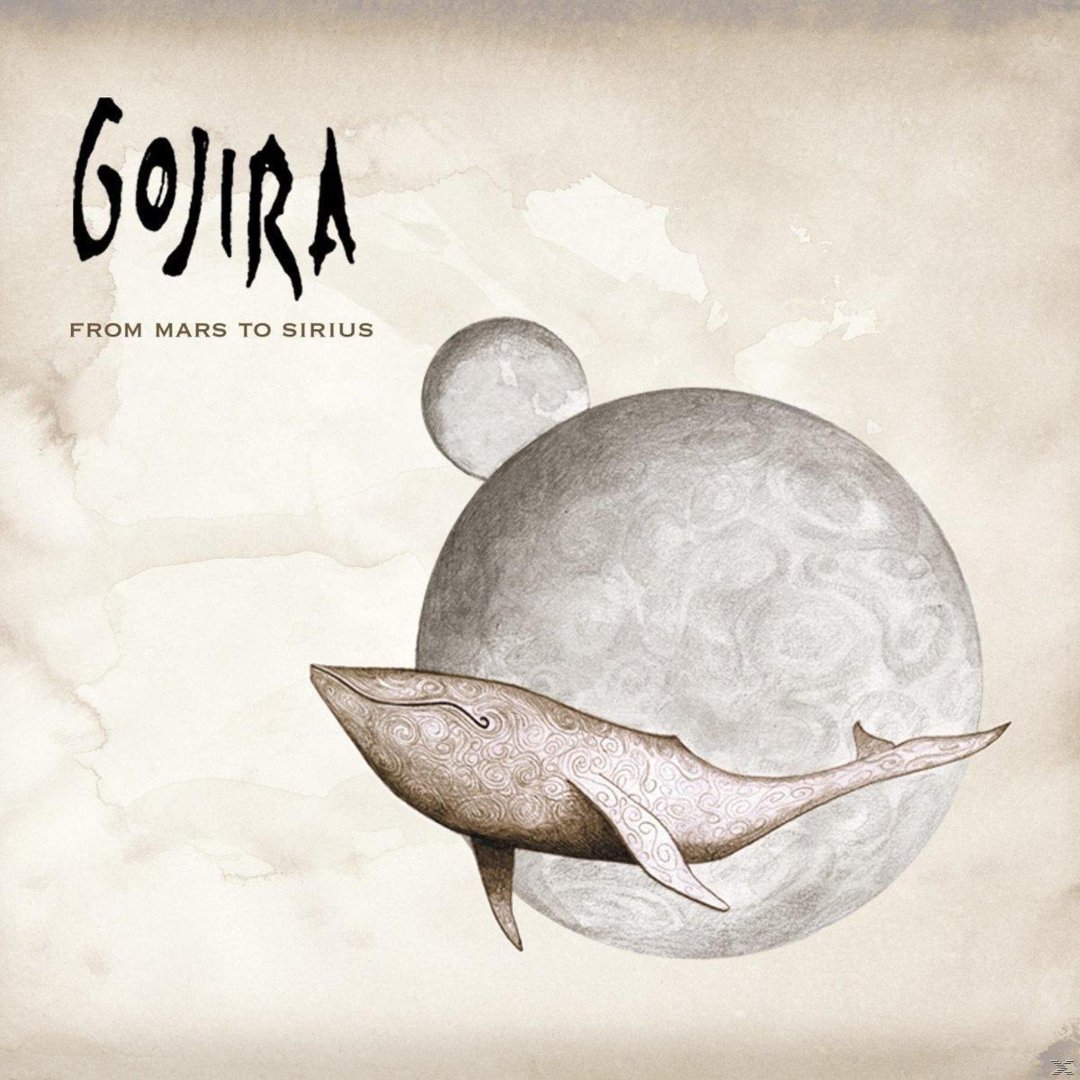 Een walvis met patronen vliegt voor een maan. "Gojira" en "From Mars to Sirius" staan bovenaan.