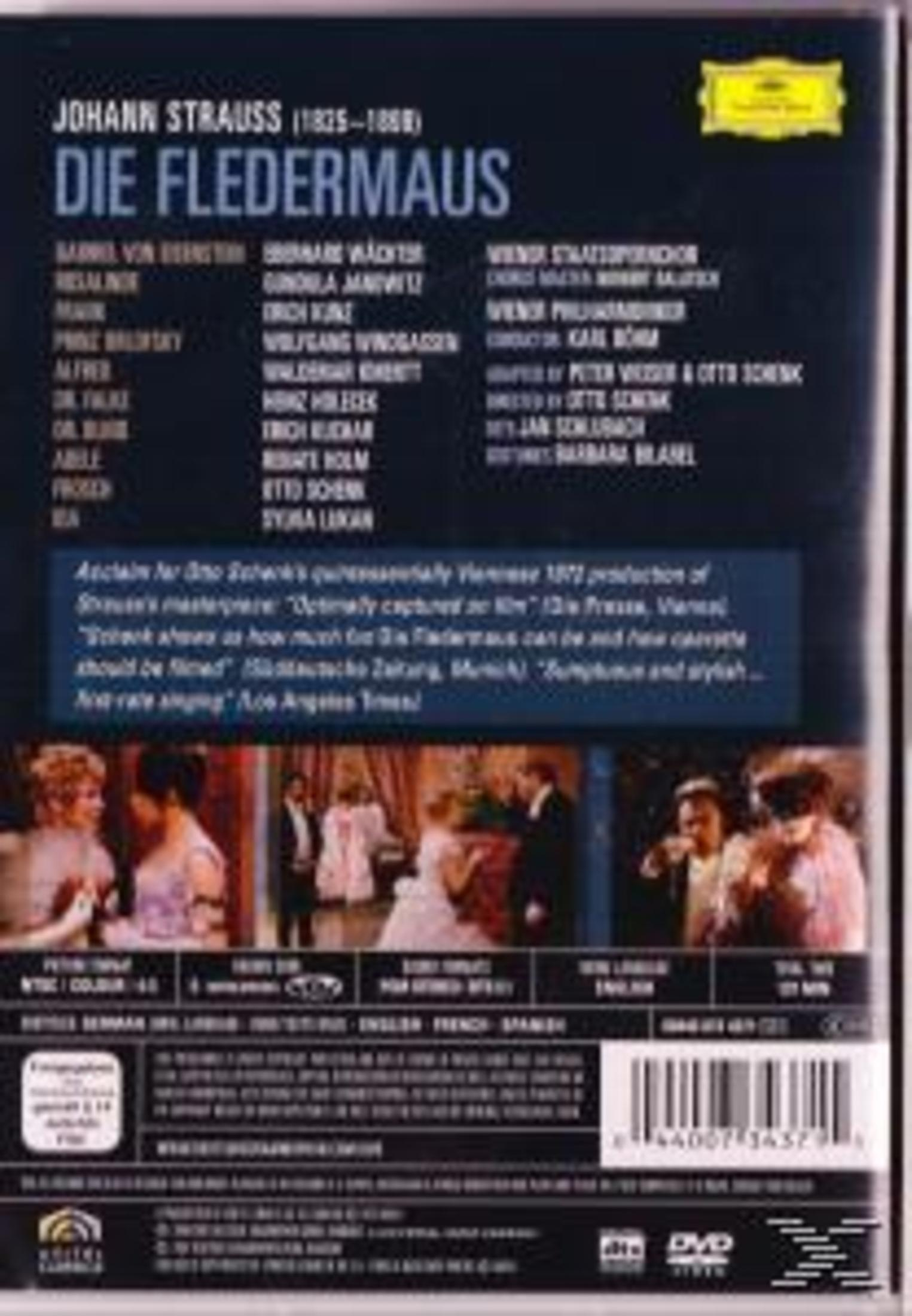 Retro copertina DVD Die Fledermaus, con cast e immagini di scene.