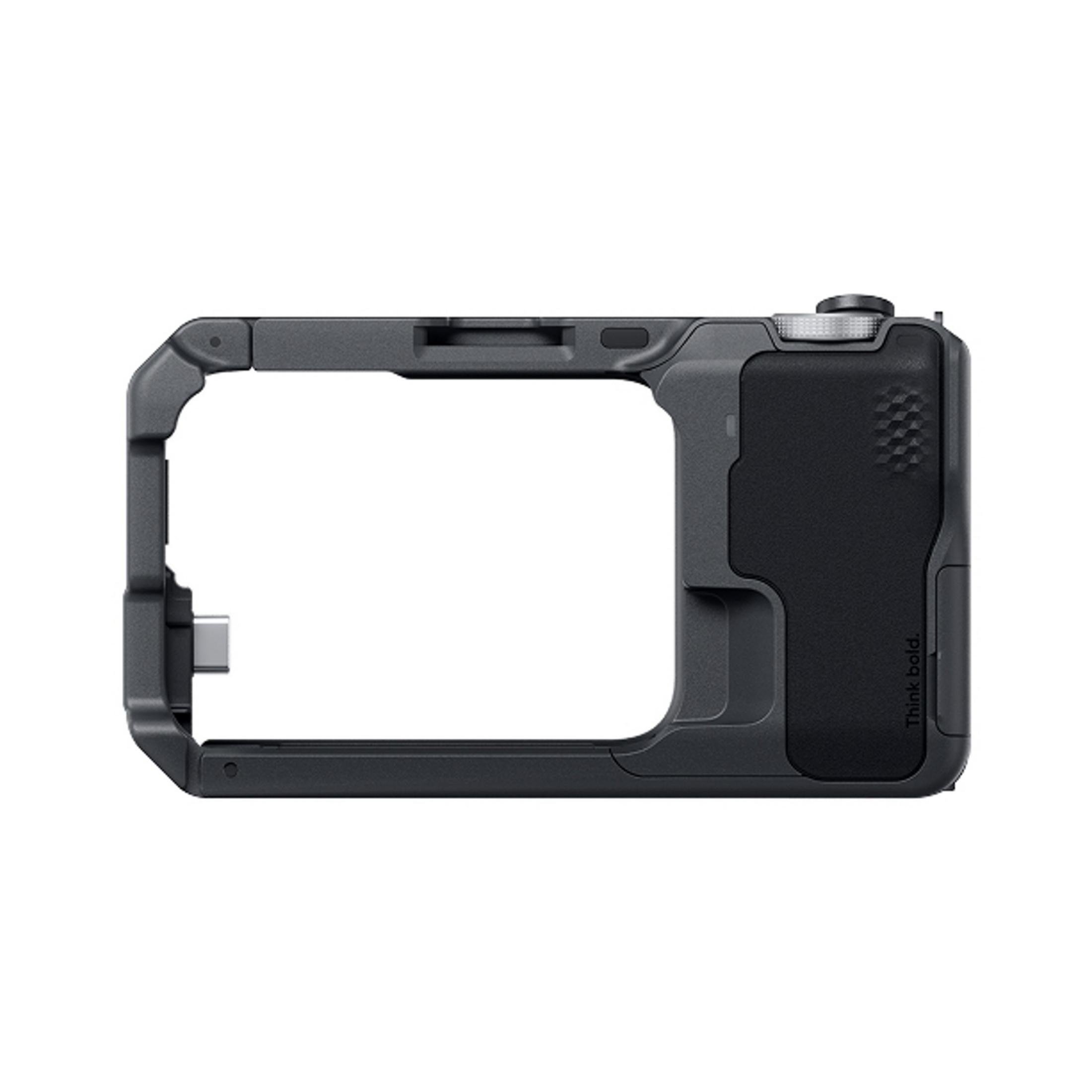 Una gabbia nera per fotocamera con porta USB-C e quadrante.