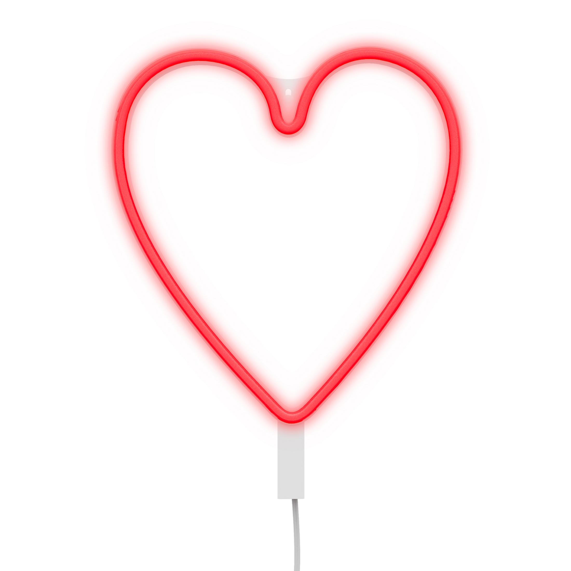 Un cuore al neon rosso brilla su sfondo bianco.
