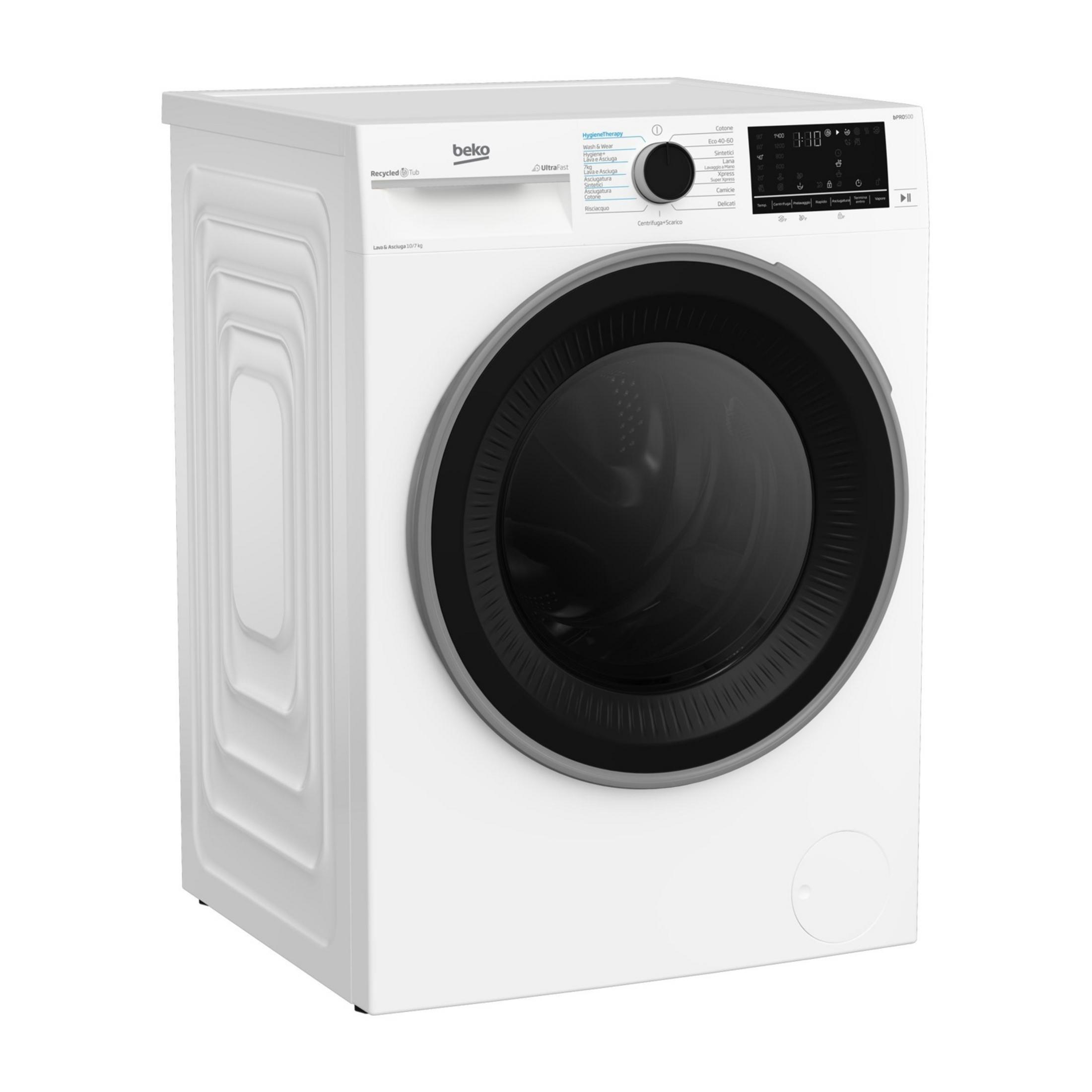 Eine weiße Beko-Waschmaschine mit schwarzer Tür und digitalem Display.