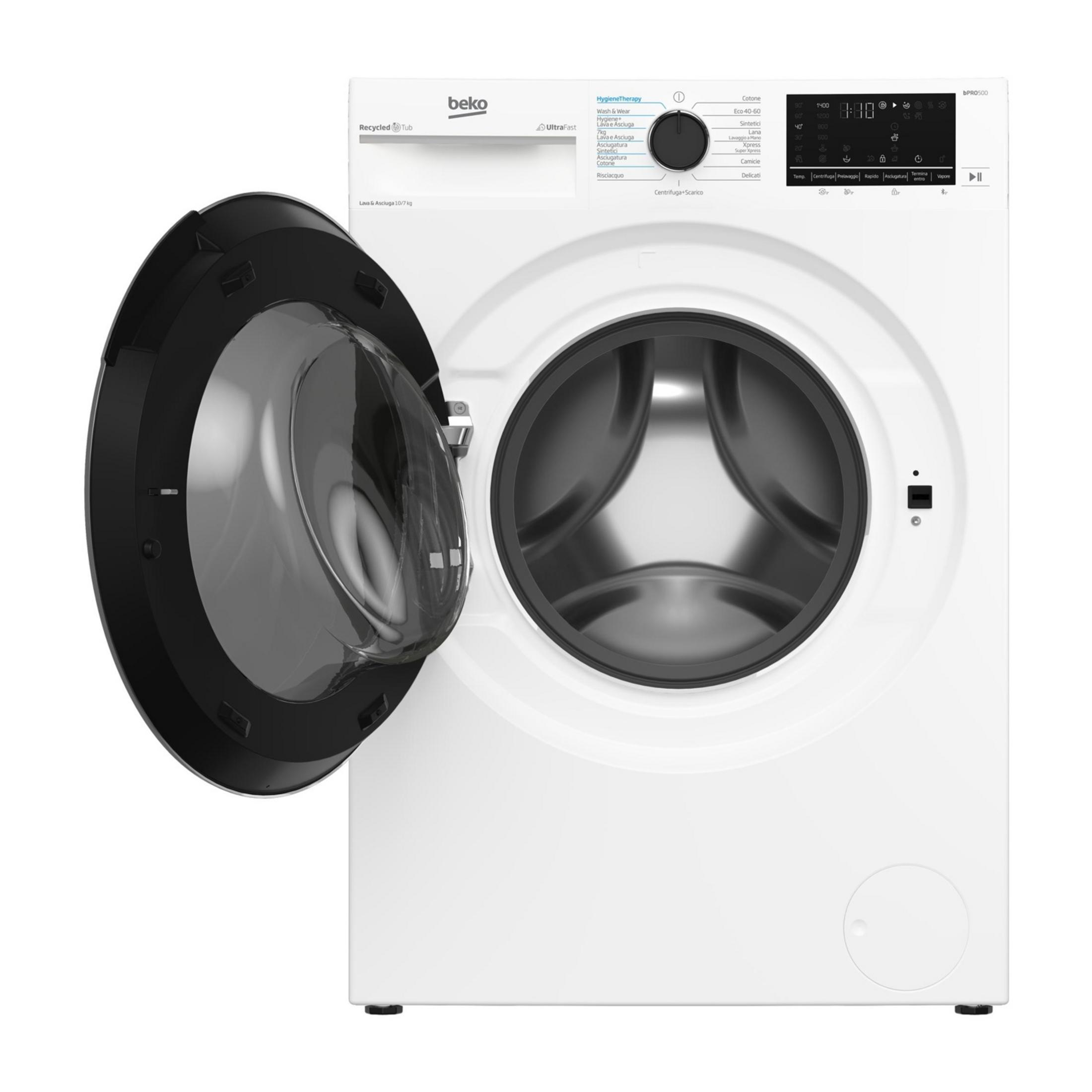 Eine weiße Beko Waschmaschine mit geöffneter Tür und einem Bedienfeld.