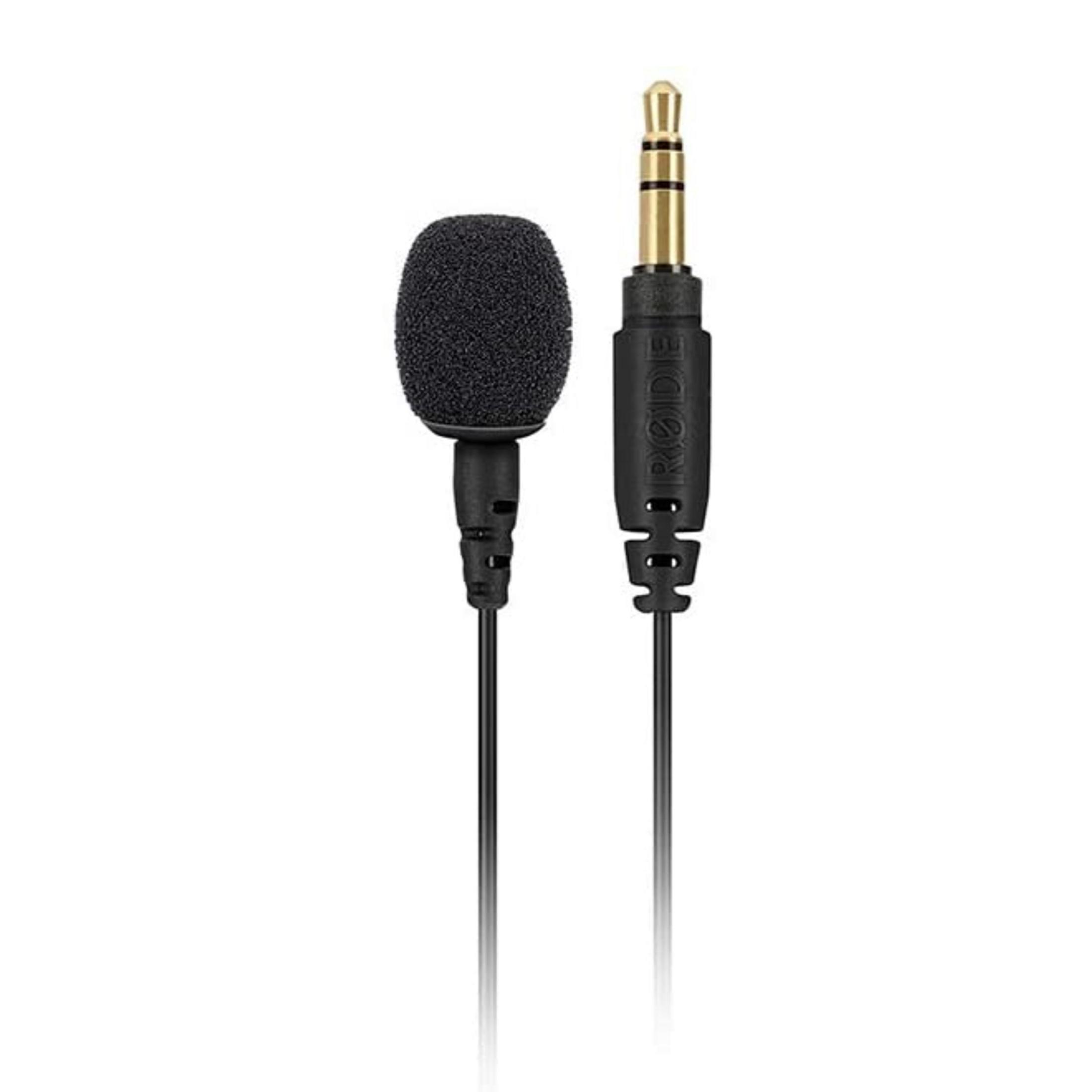 Ein schwarzes Ansteckmikrofon mit einem goldenen 3,5-mm-Klinkenstecker.