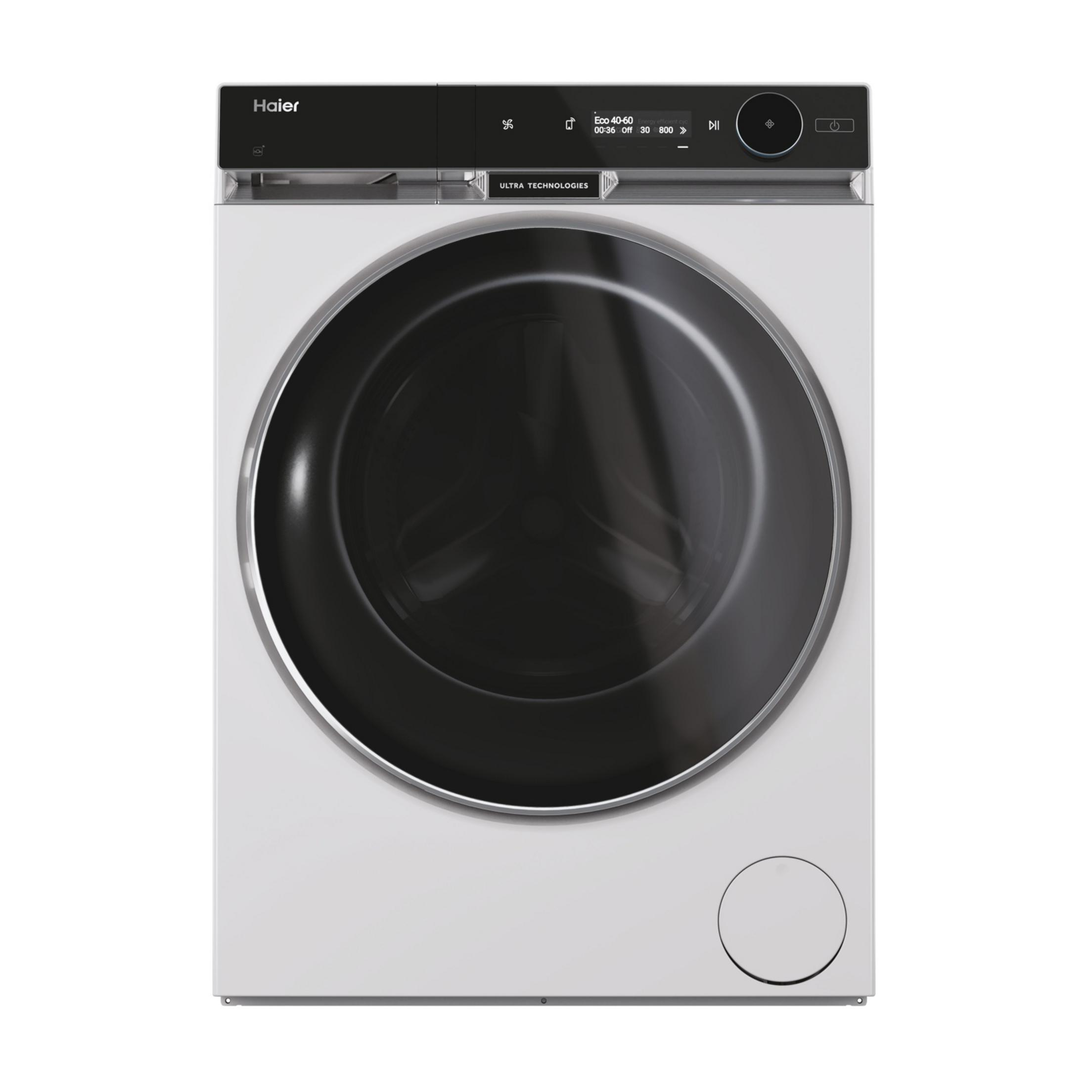 Una lavadora Haier blanca con puerta y panel de control negros.