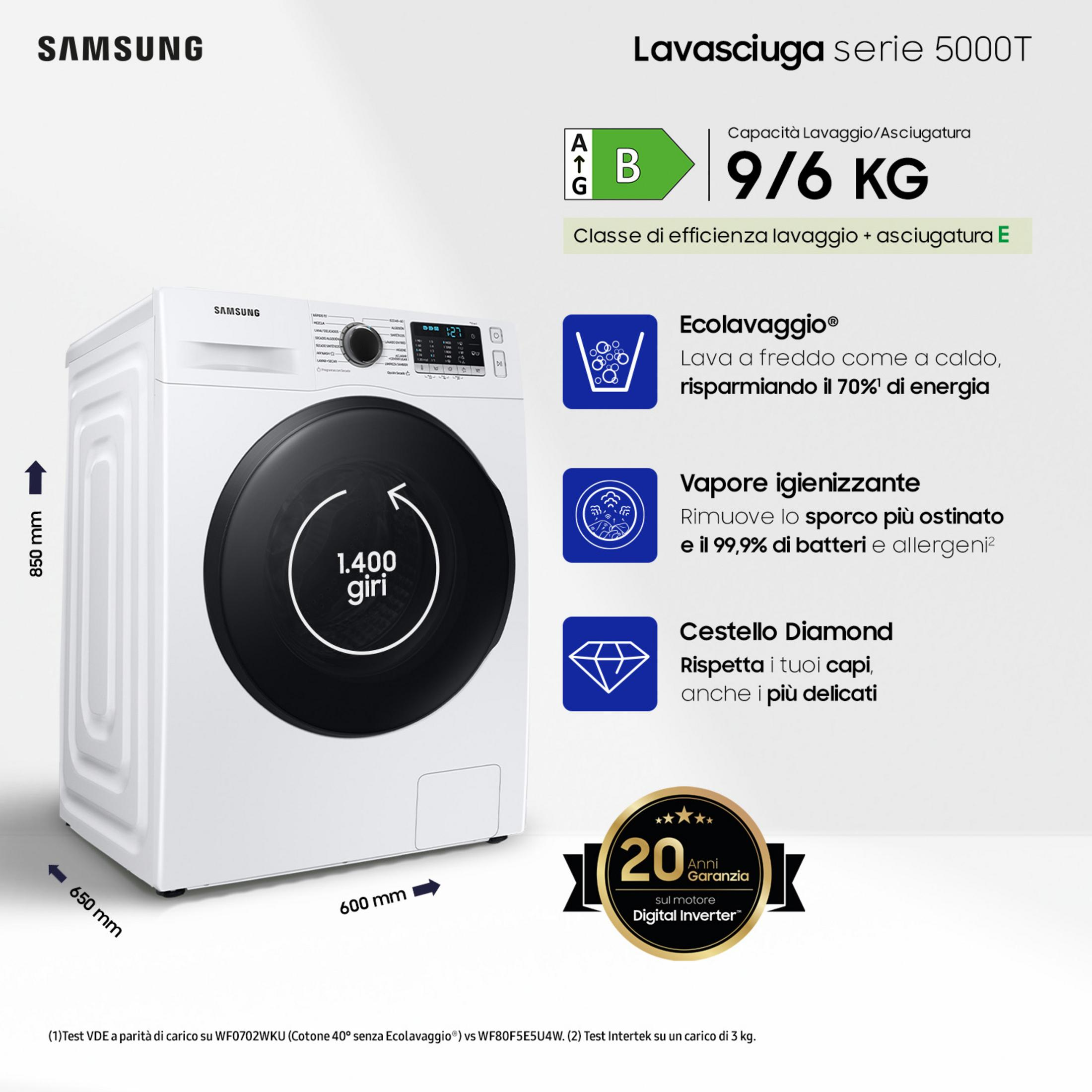 9/6 kg kapasiteli beyaz Samsung çamaşır kurutma makinesi, B enerji sınıfı.