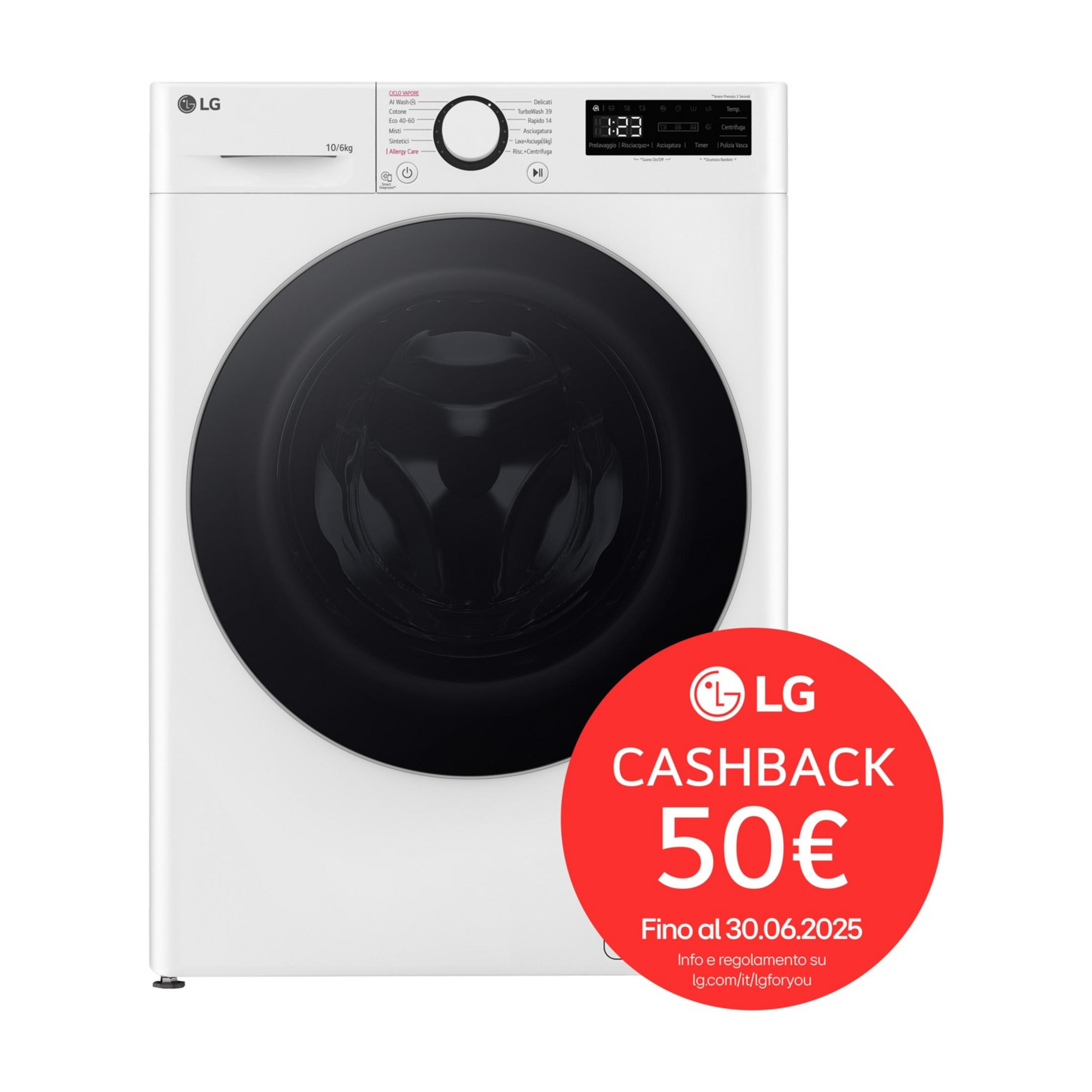 Weiße LG Waschmaschine mit schwarzer Tür, Display und rotem Cashback-Kreis.
