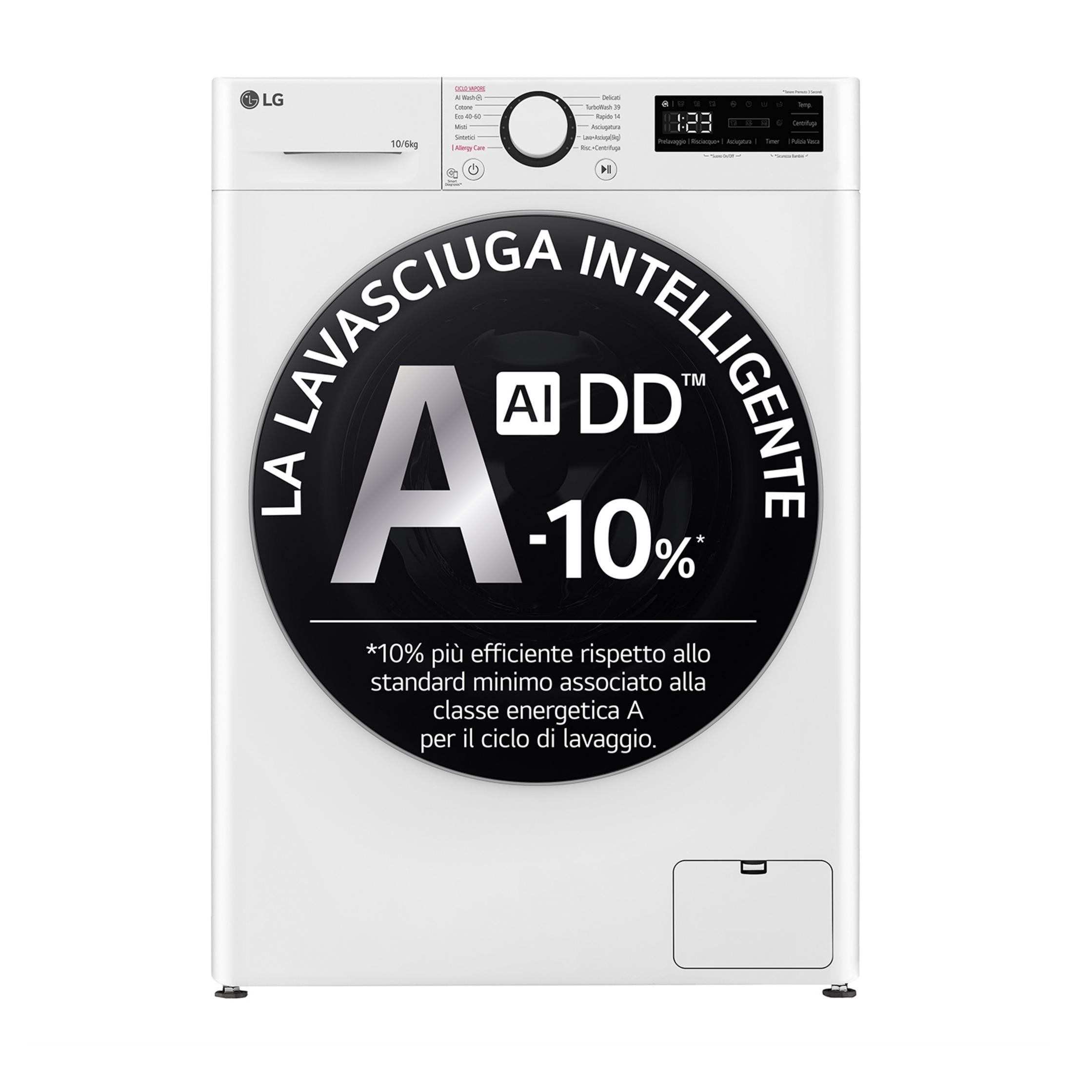Weiße LG Waschmaschine mit Bedienfeld und Energieeffizienz-Label A -10%.