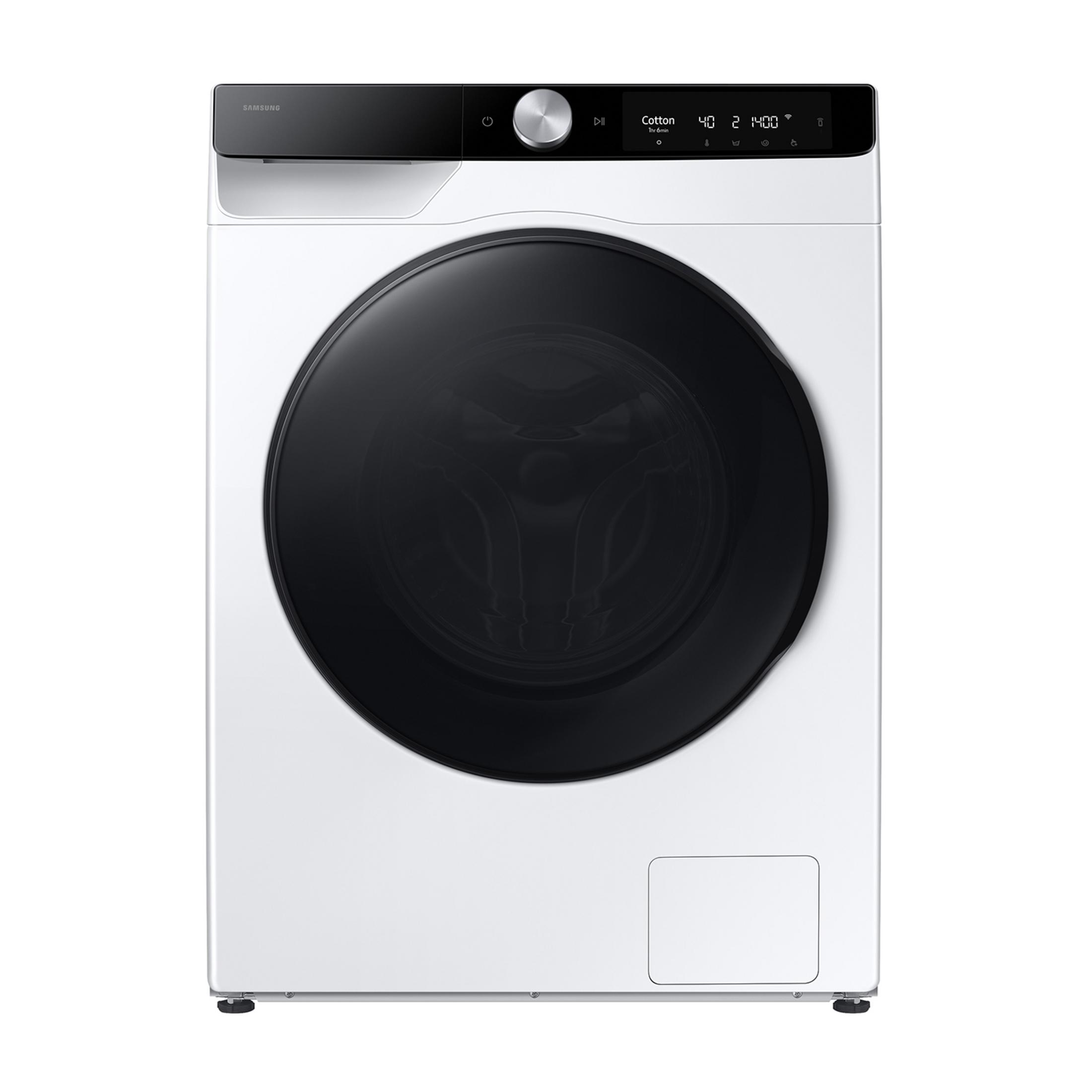 Witte Samsung wasmachine met zwarte deur en bedieningspaneel.