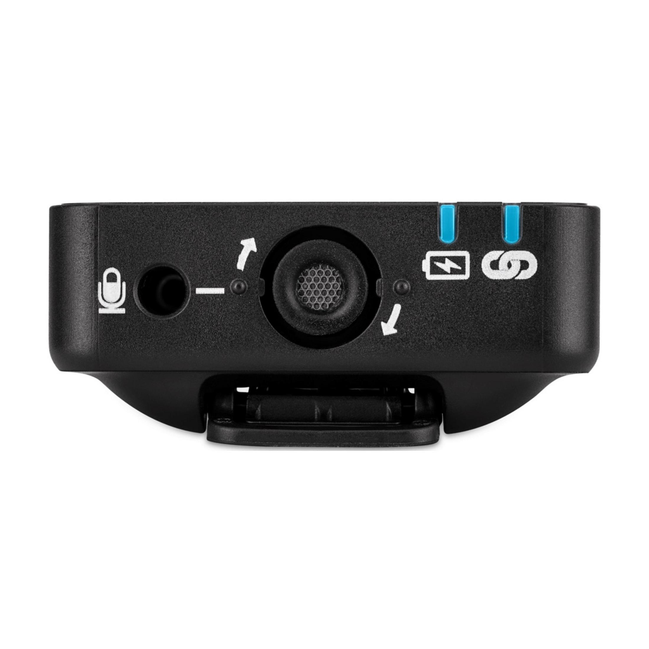 Czarne urządzenie ze wskaźnikami mikrofonu, słuchawek i ładowania.