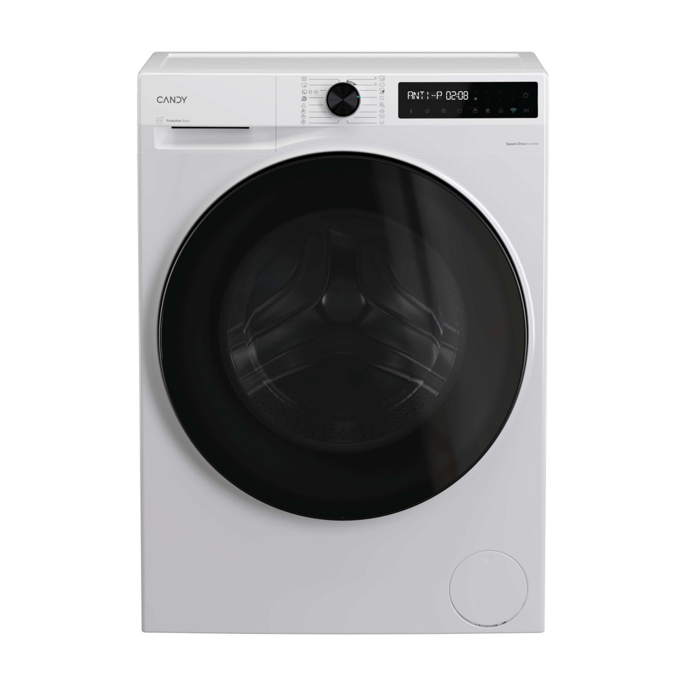 Biała pralka Candy z czarnymi drzwiami i panelem sterowania. Pokazuje 02:08.