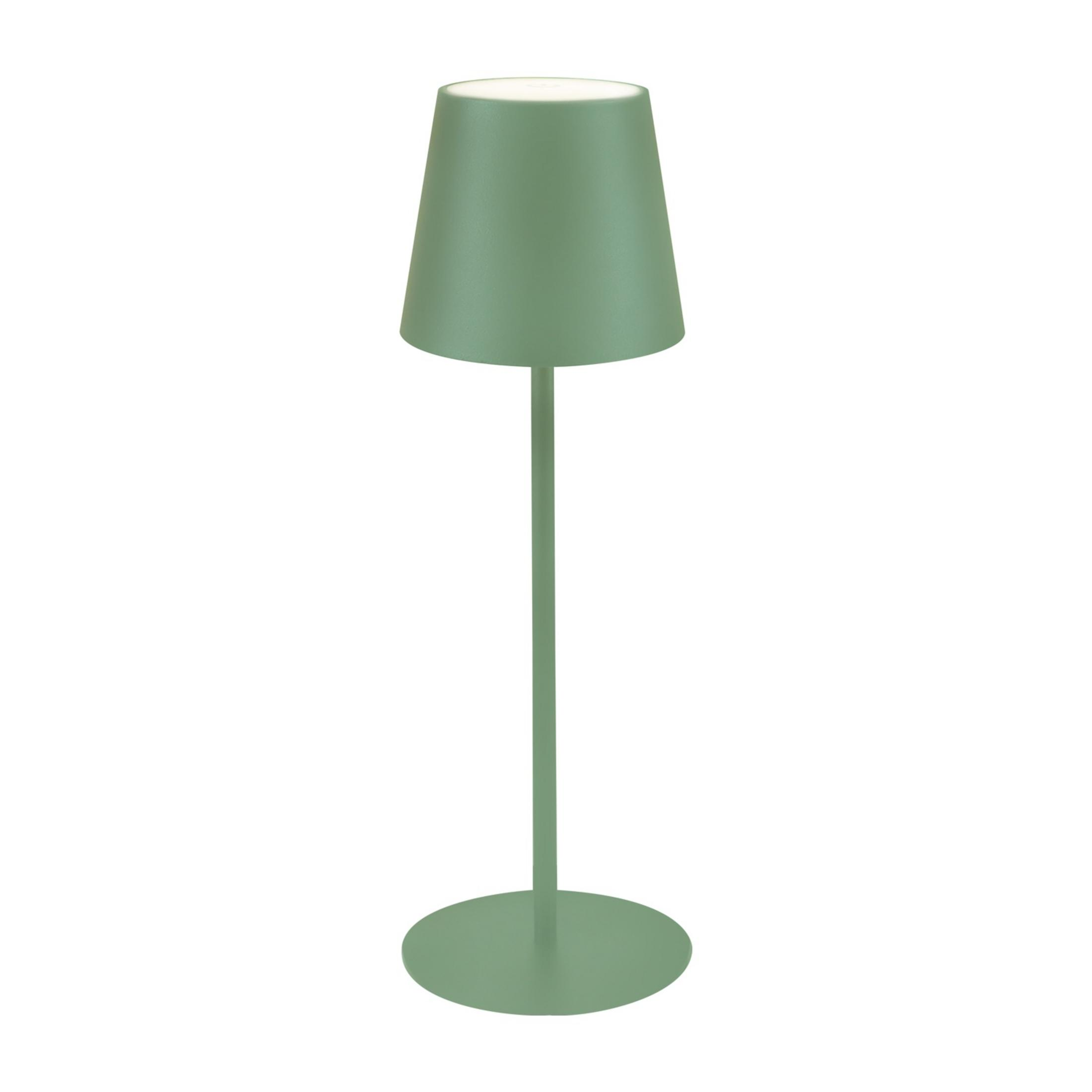 Una lampada da scrivania verde con paralume conico e base rotonda.