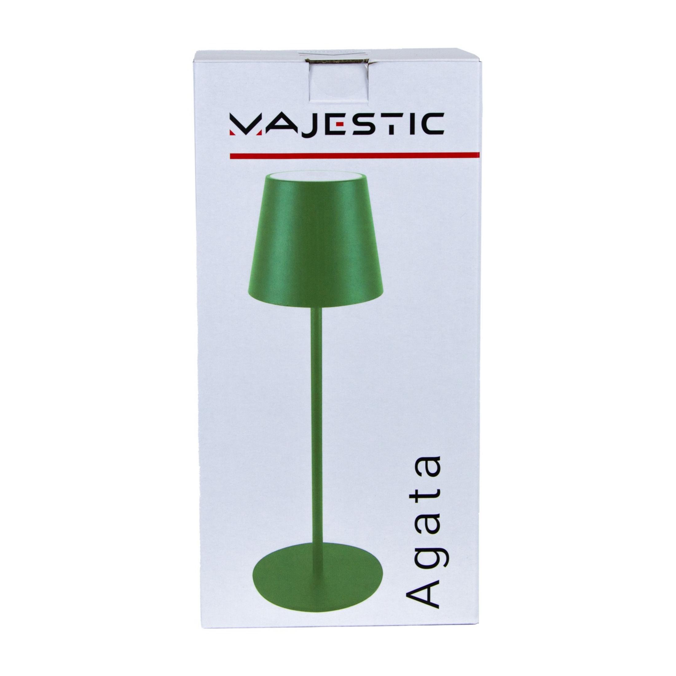 Lampada verde con base rotonda su scatola bianca con testo MAJESTIC e Agata.
