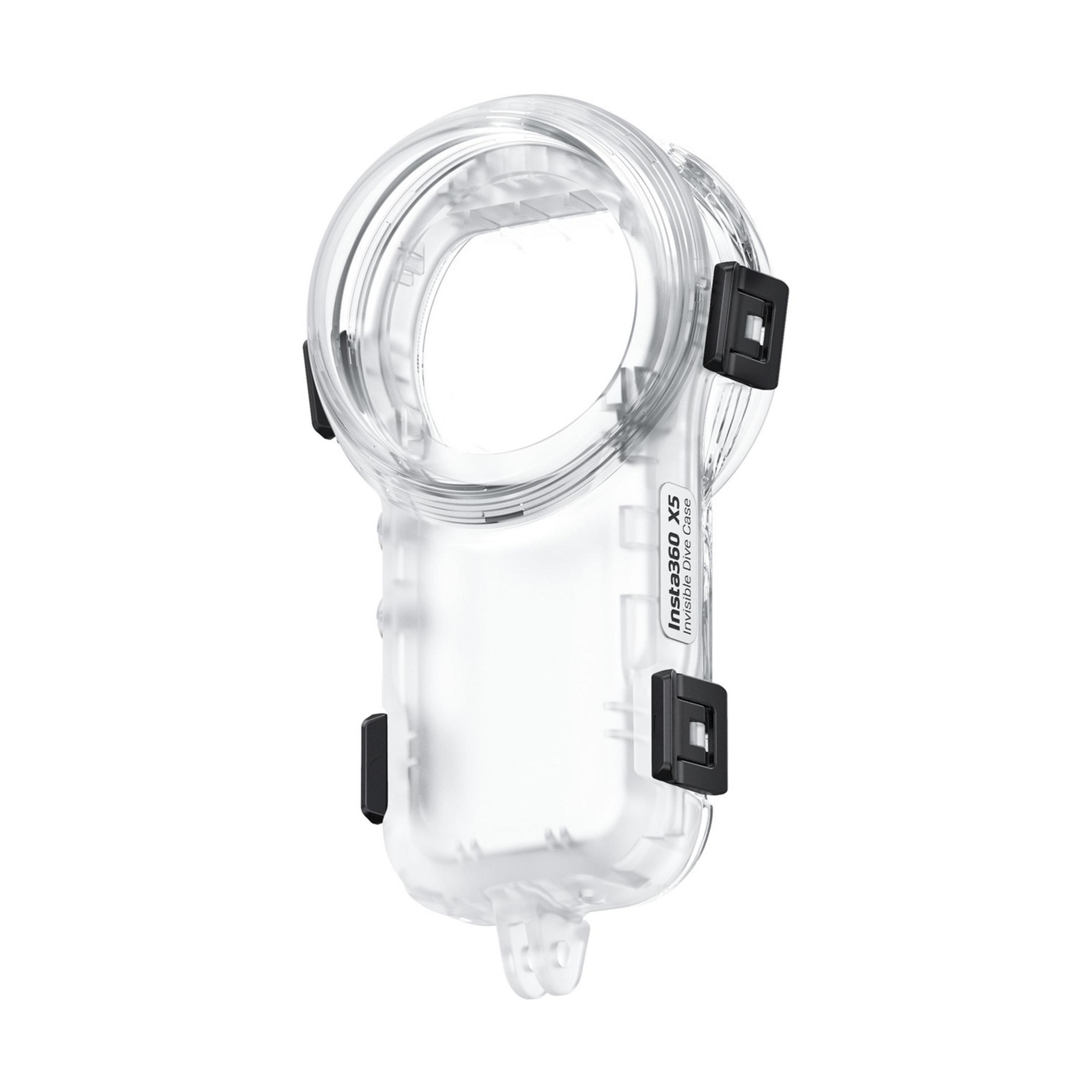 Custodia subacquea trasparente Insta360 X5 con clip nere.