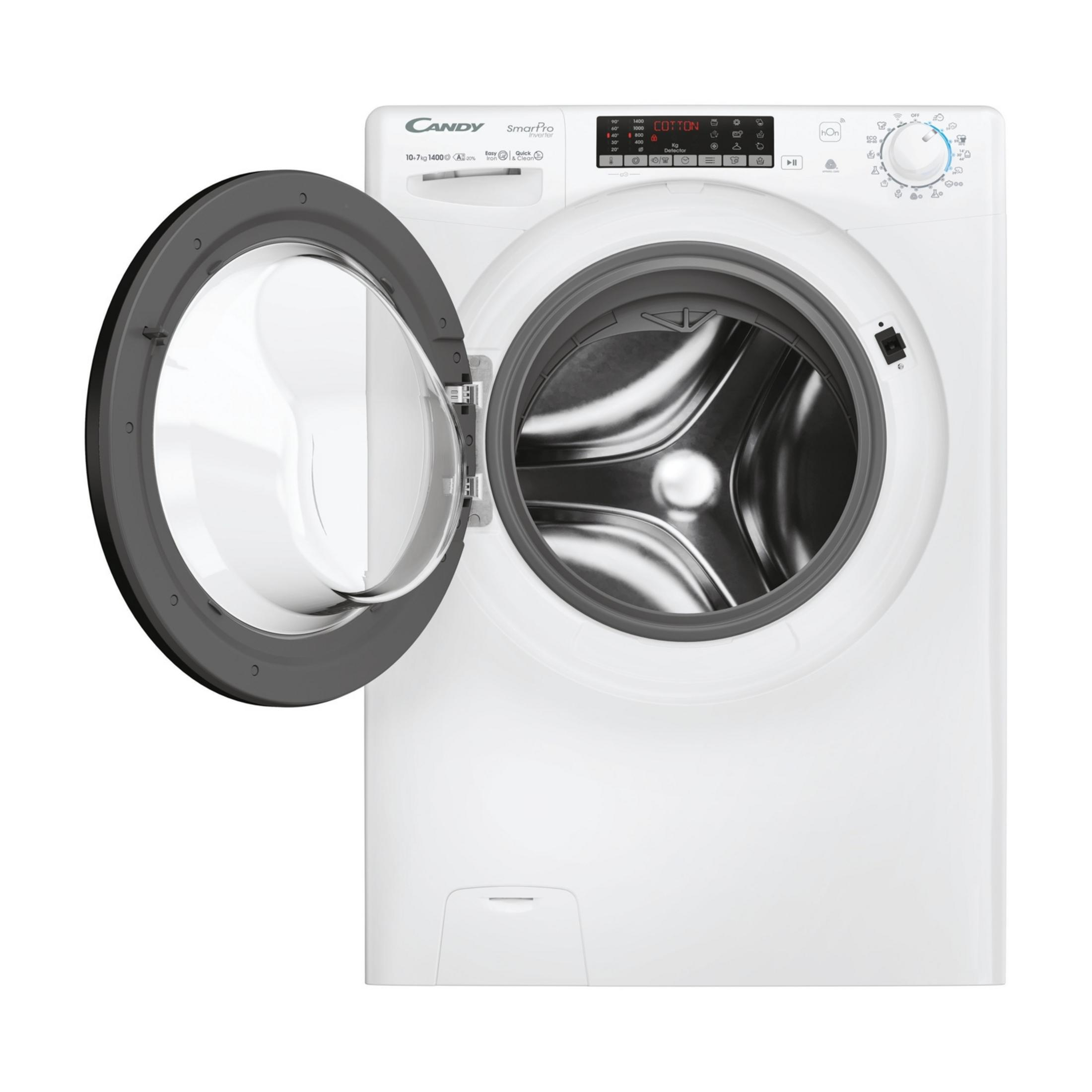Lavadora Candy blanca con puerta abierta y panel de control.