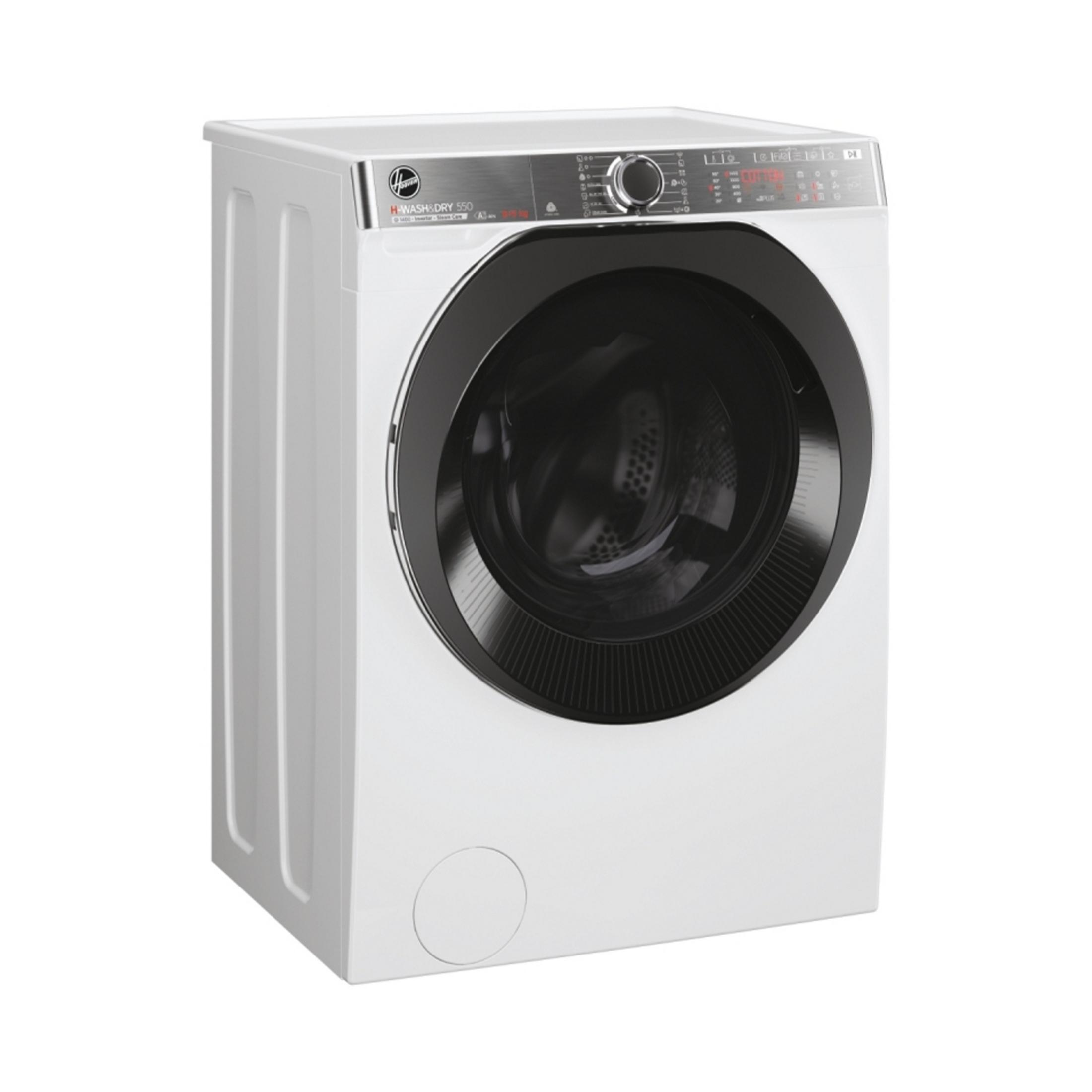 Una lavadora blanca con puerta negra y panel de control plateado.