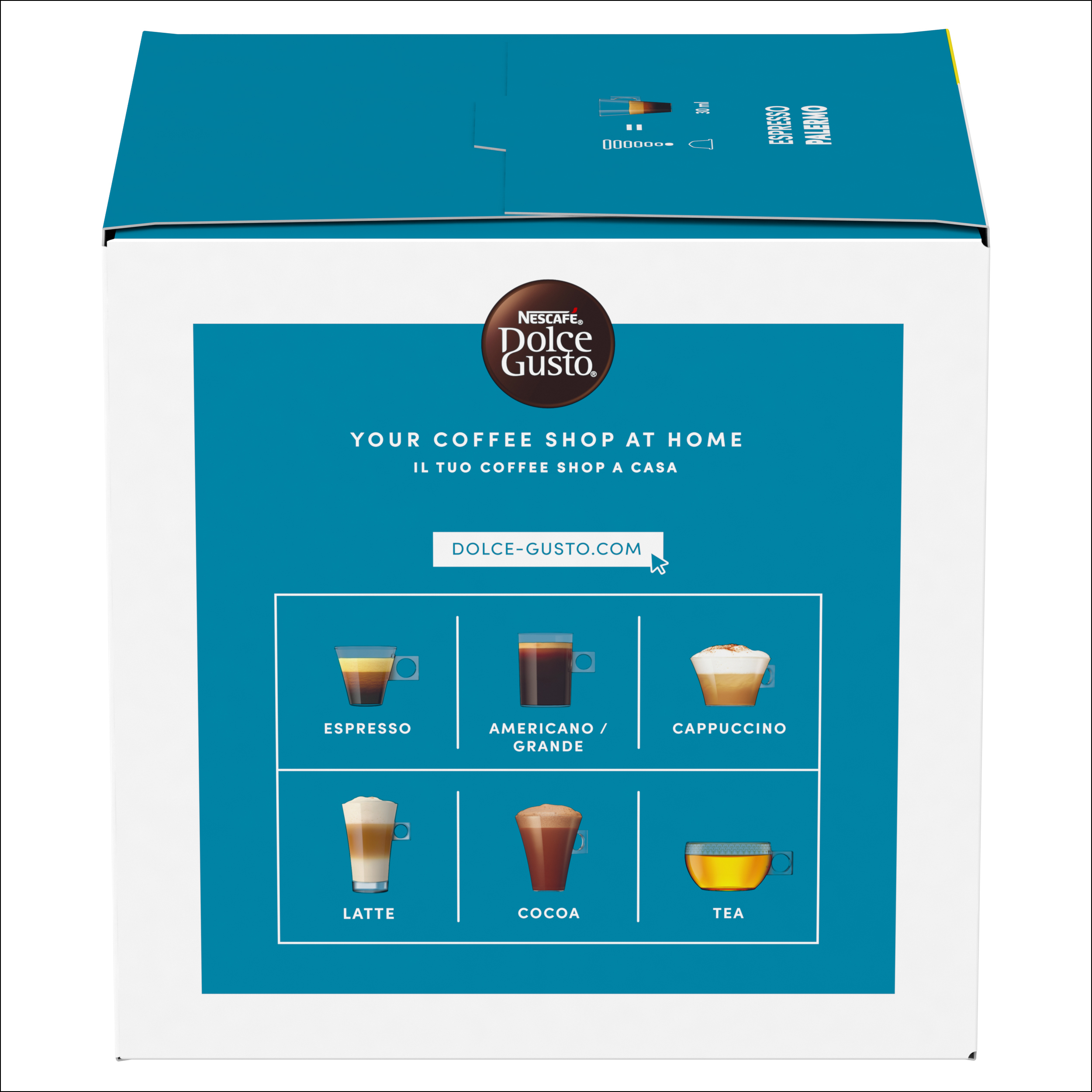 Scatola NESCAFÉ Dolce Gusto mostra vari tipi di caffè, cacao e tè.