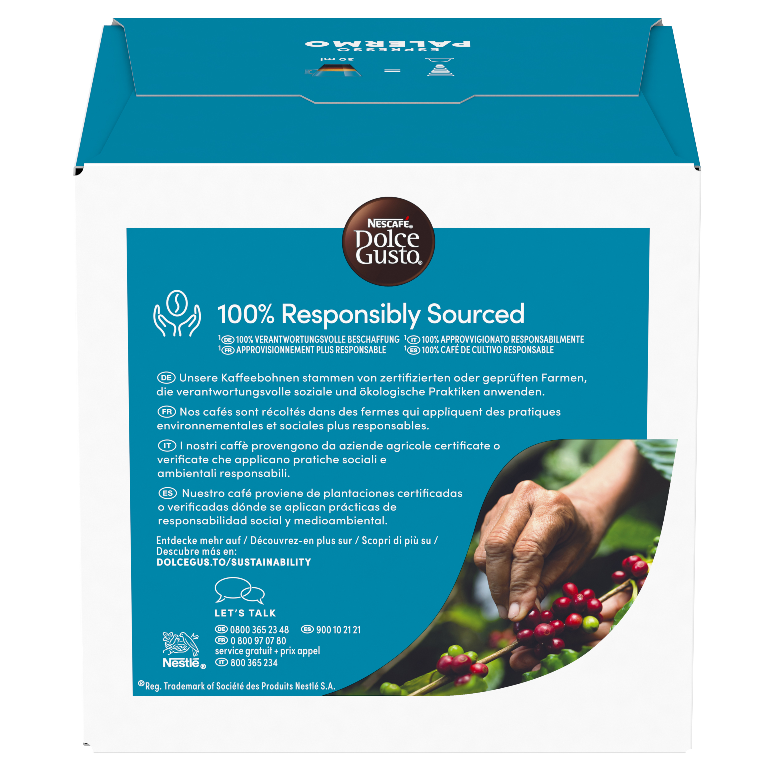 Confezione NESCAFÉ Dolce Gusto con ciliegie di caffè e mani che le raccolgono.