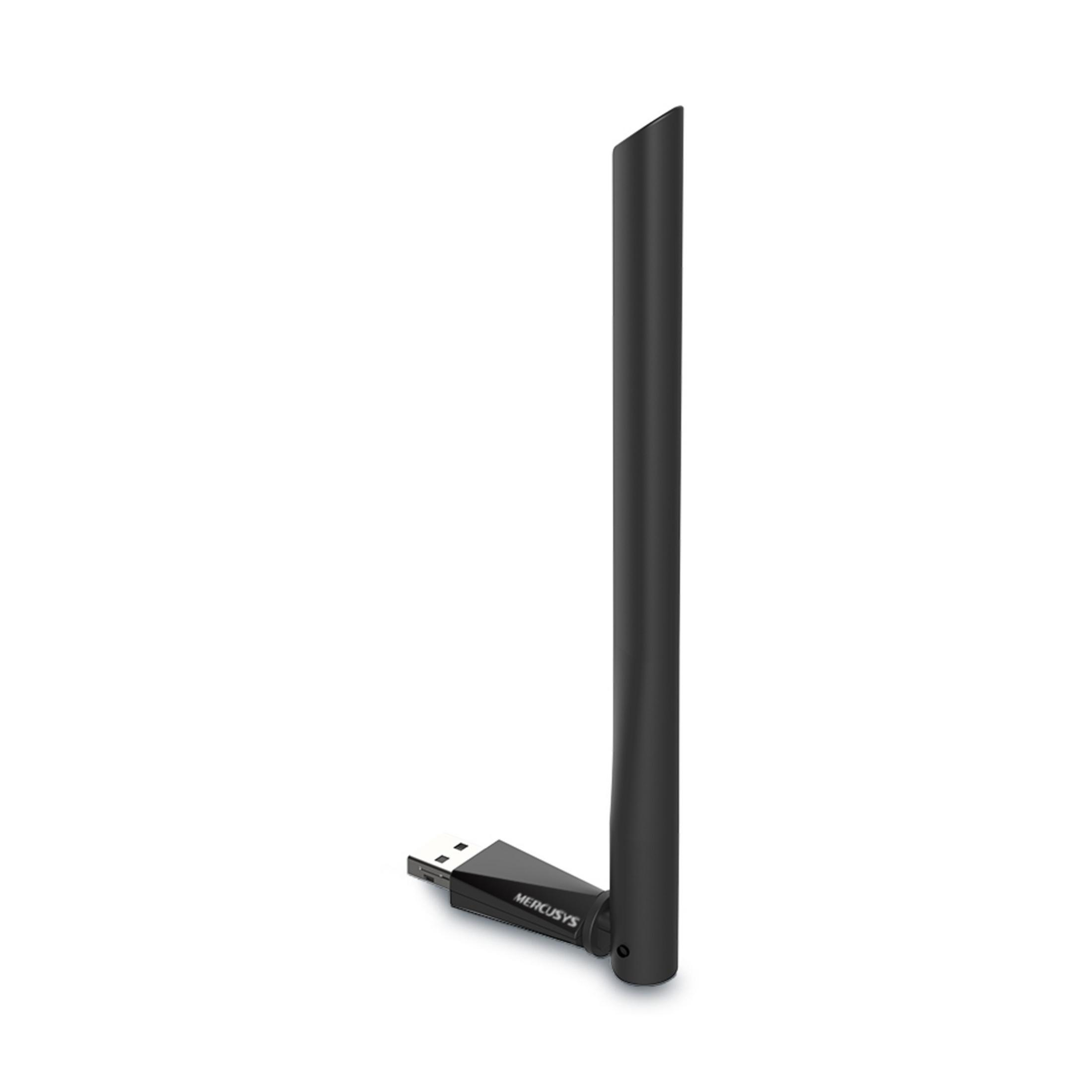 Adaptador WiFi USB negro con antena desmontable sobre fondo blanco.