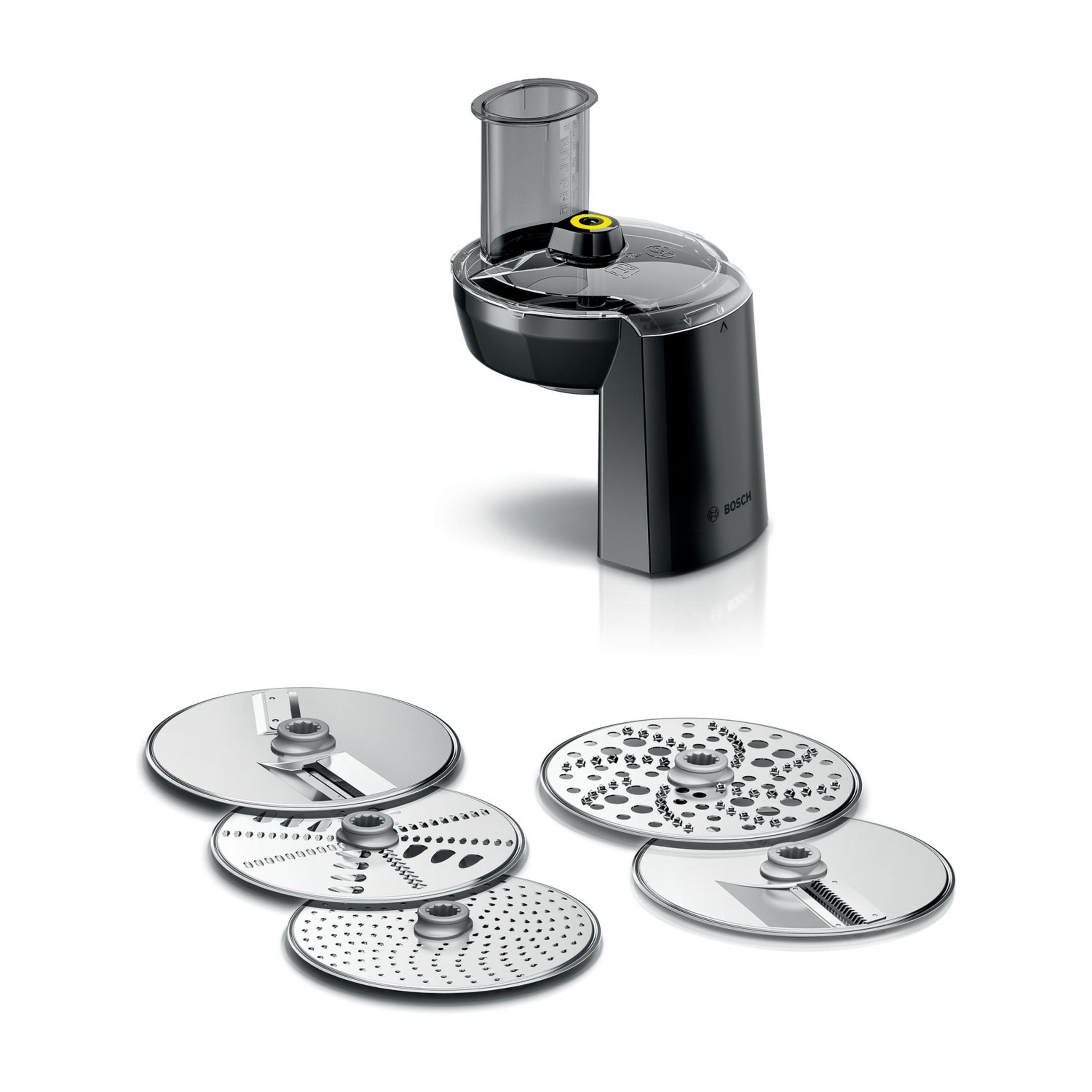 Accessorio robot da cucina nero con coperchio trasparente e dischi accessori.