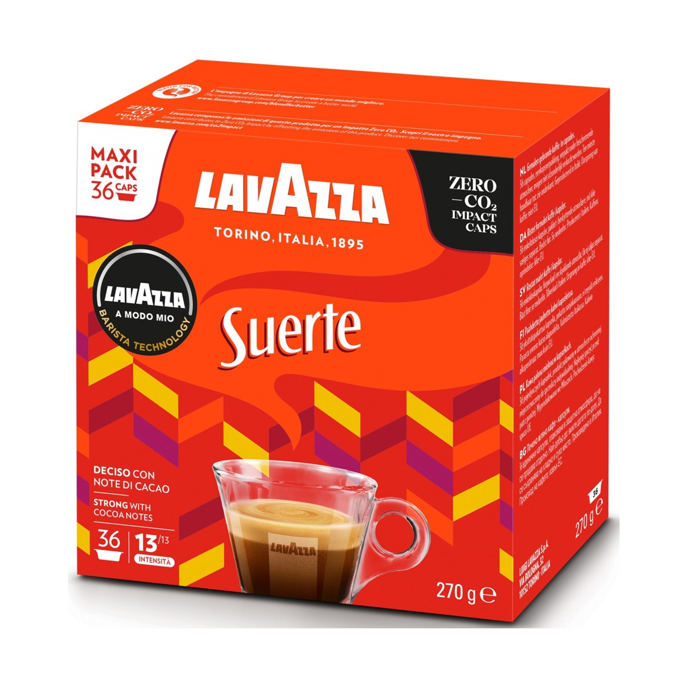 Capsule caffè Lavazza Suerte, Maxi Pack, 36 pezzi, deciso con note di cacao.