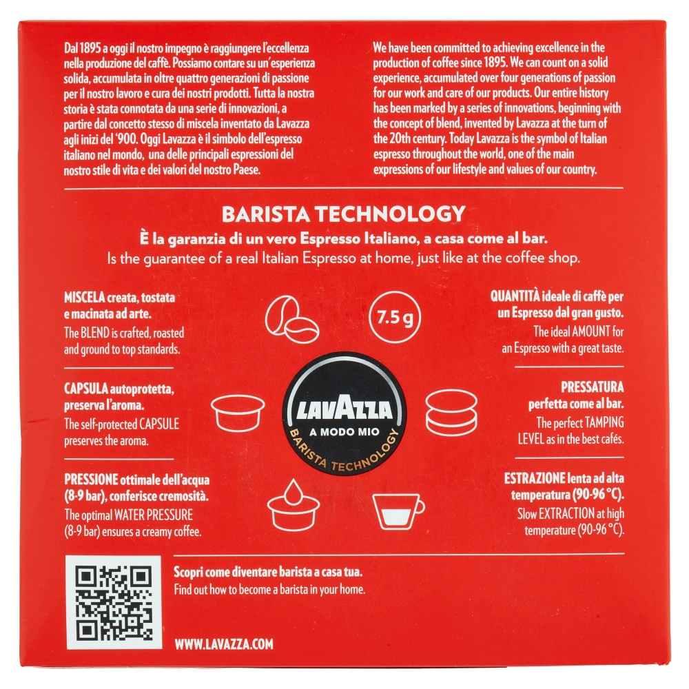 Confezione caffè Lavazza con info e logo. Sfondo rosso.