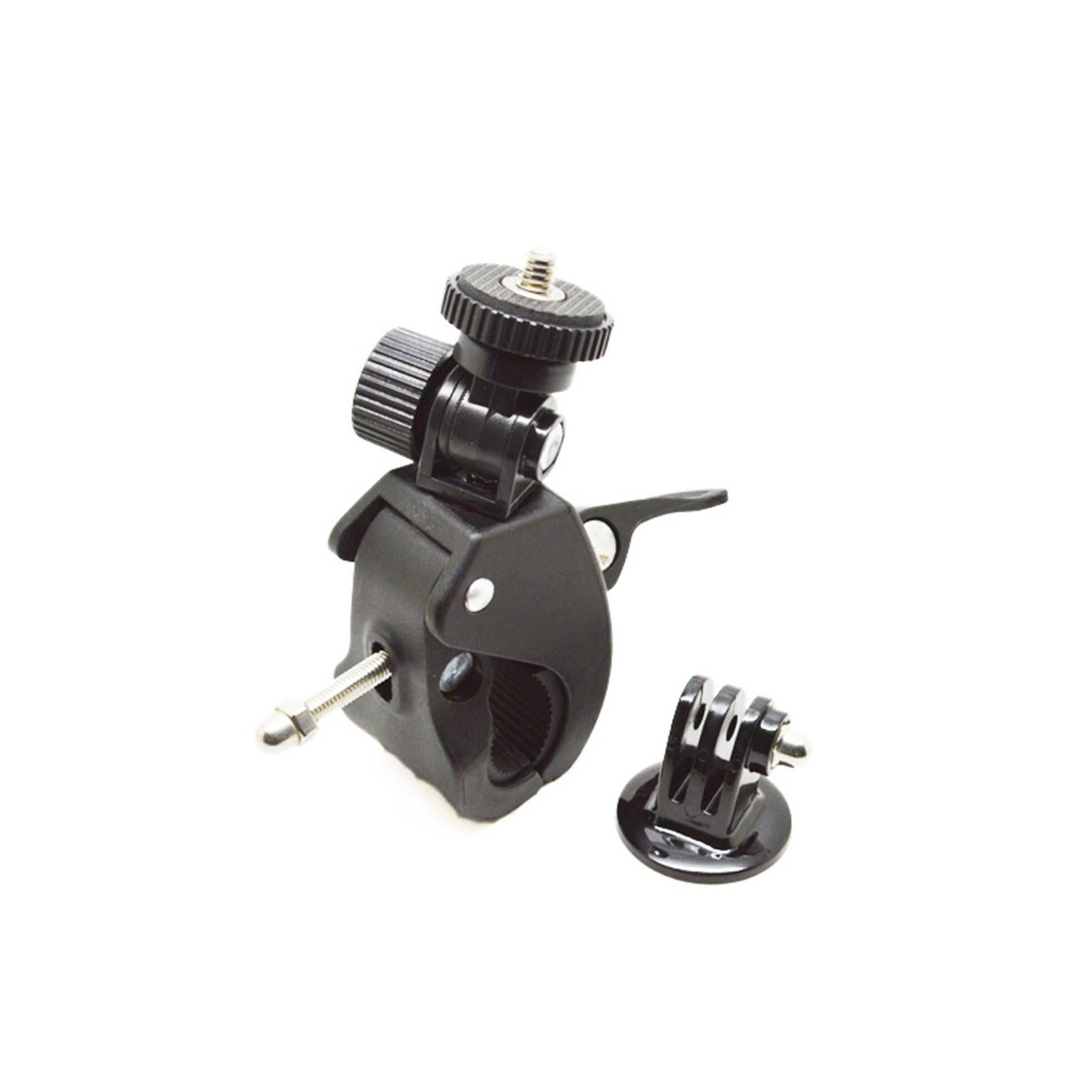 Un supporto a morsetto nero con due viti e un adattatore GoPro.
