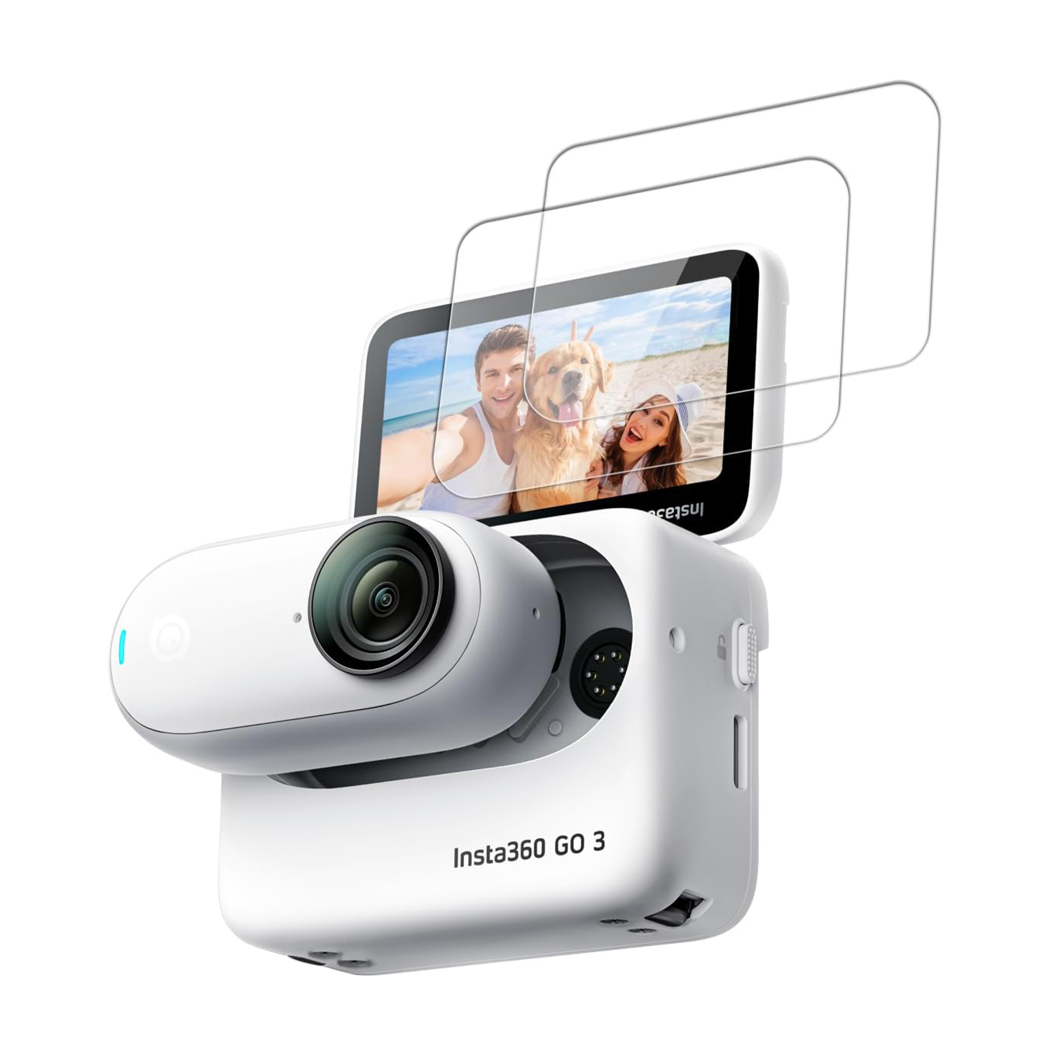 Beyaz bir Insta360 GO 3 aksiyon kamera seti, beyaz arka plan üzerinde bir çift ekran koruyucu ile.