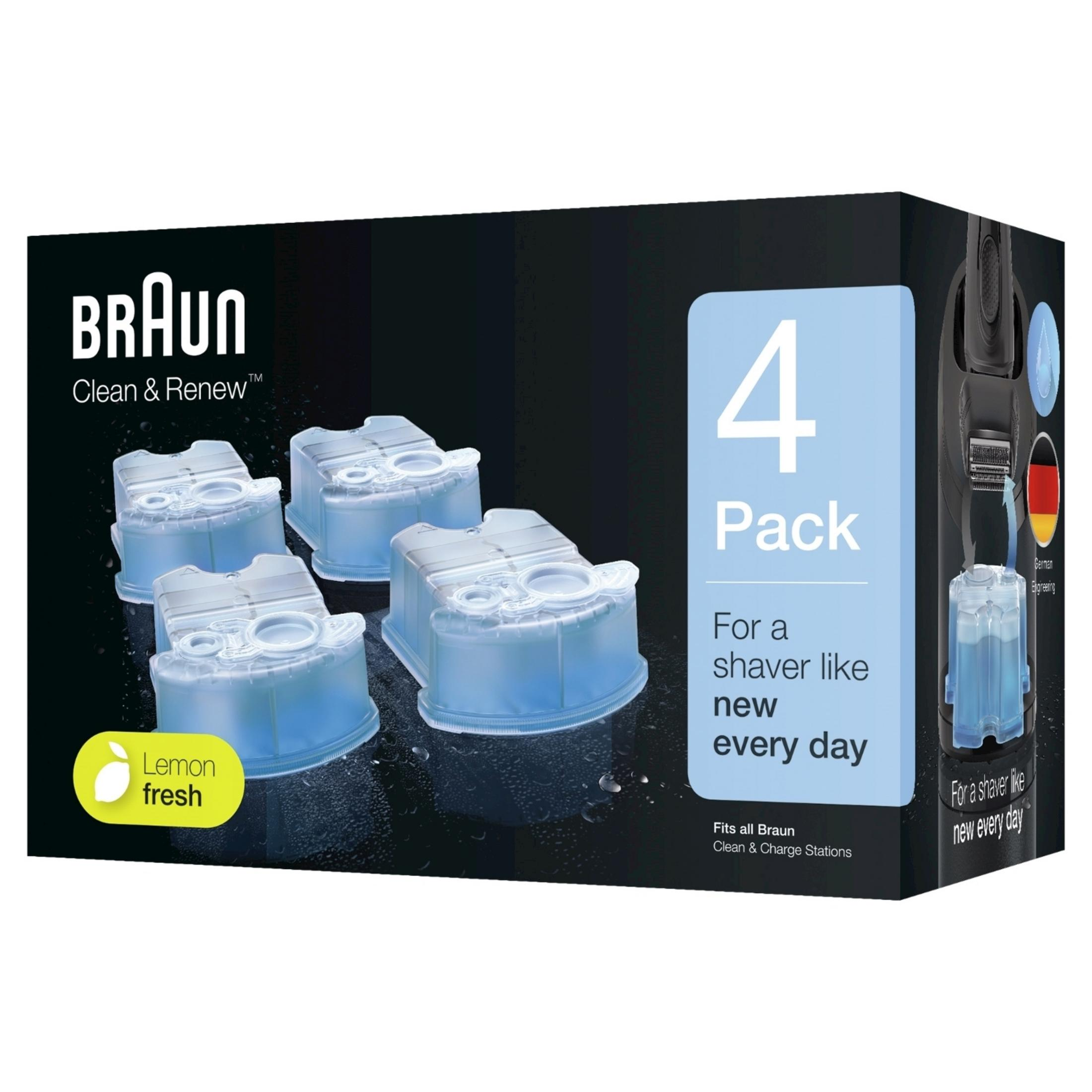 Braun Clean & Renew 4'lü paket, 4 temizleme sıvısı kartuşlu, limon ferahlığı.