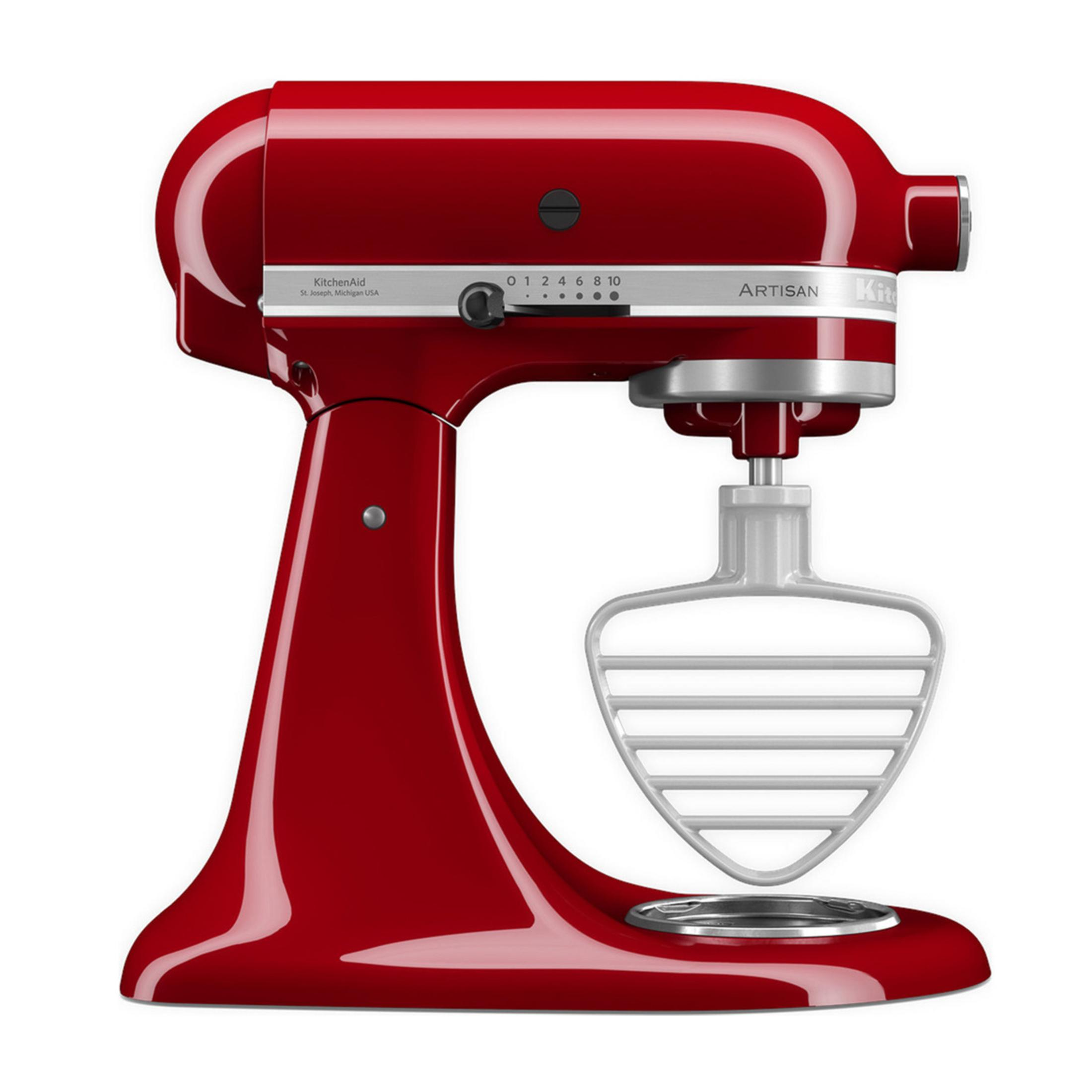 Ein roter KitchenAid Artisan Standmixer mit silbernem Flachrührer.