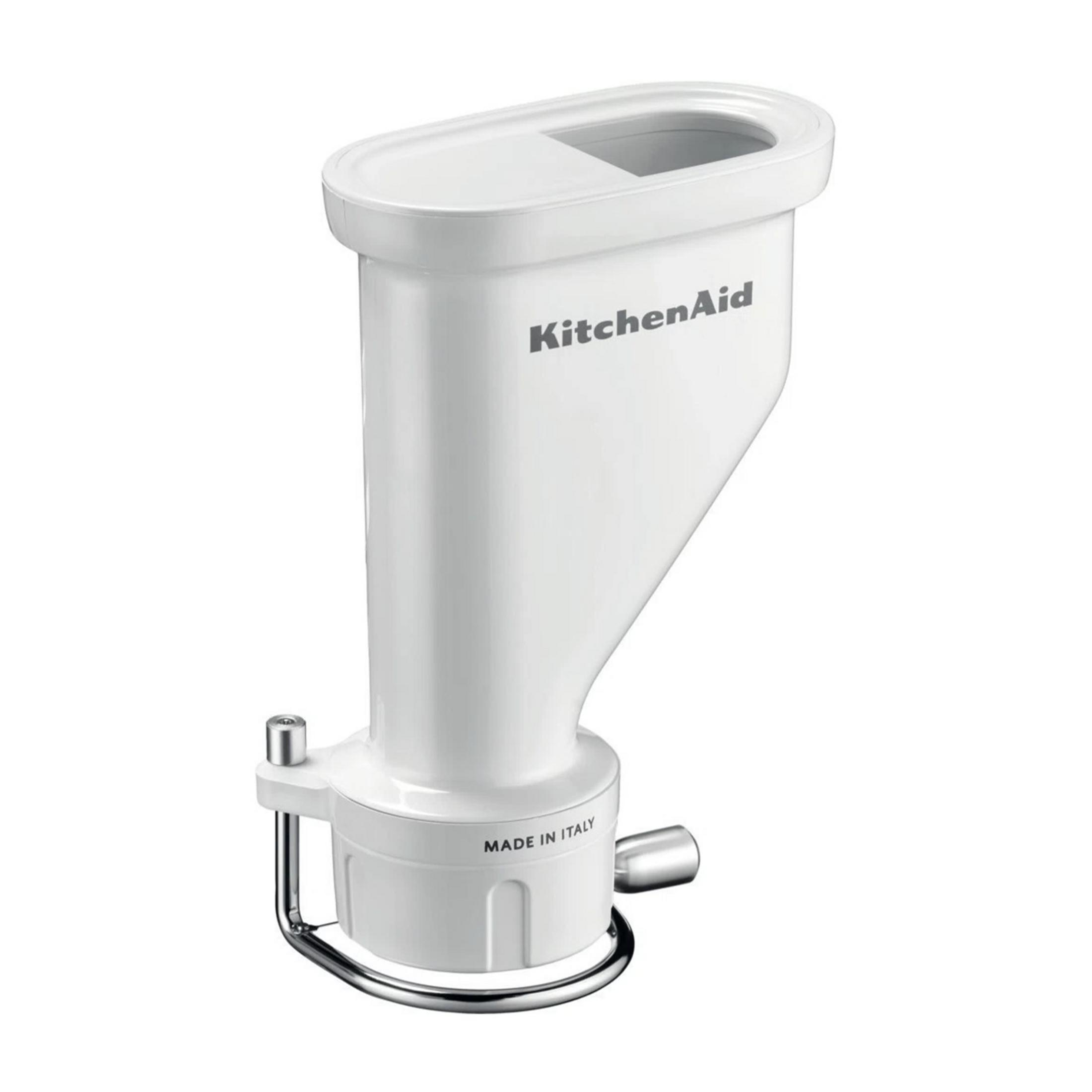 Macchina per pasta KitchenAid bianca con parti metalliche argentate.