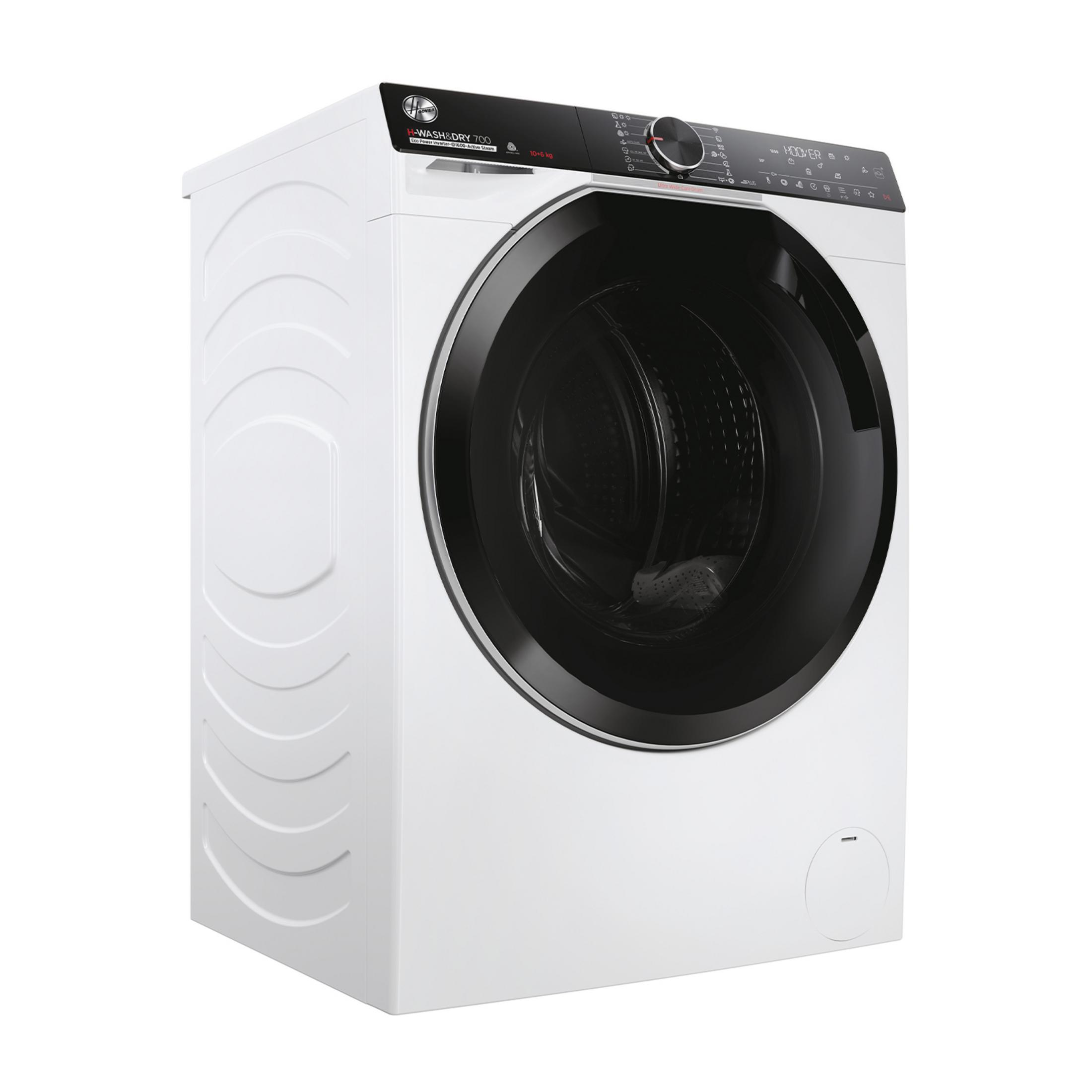 Una lavadora blanca con puerta y panel de control negros.