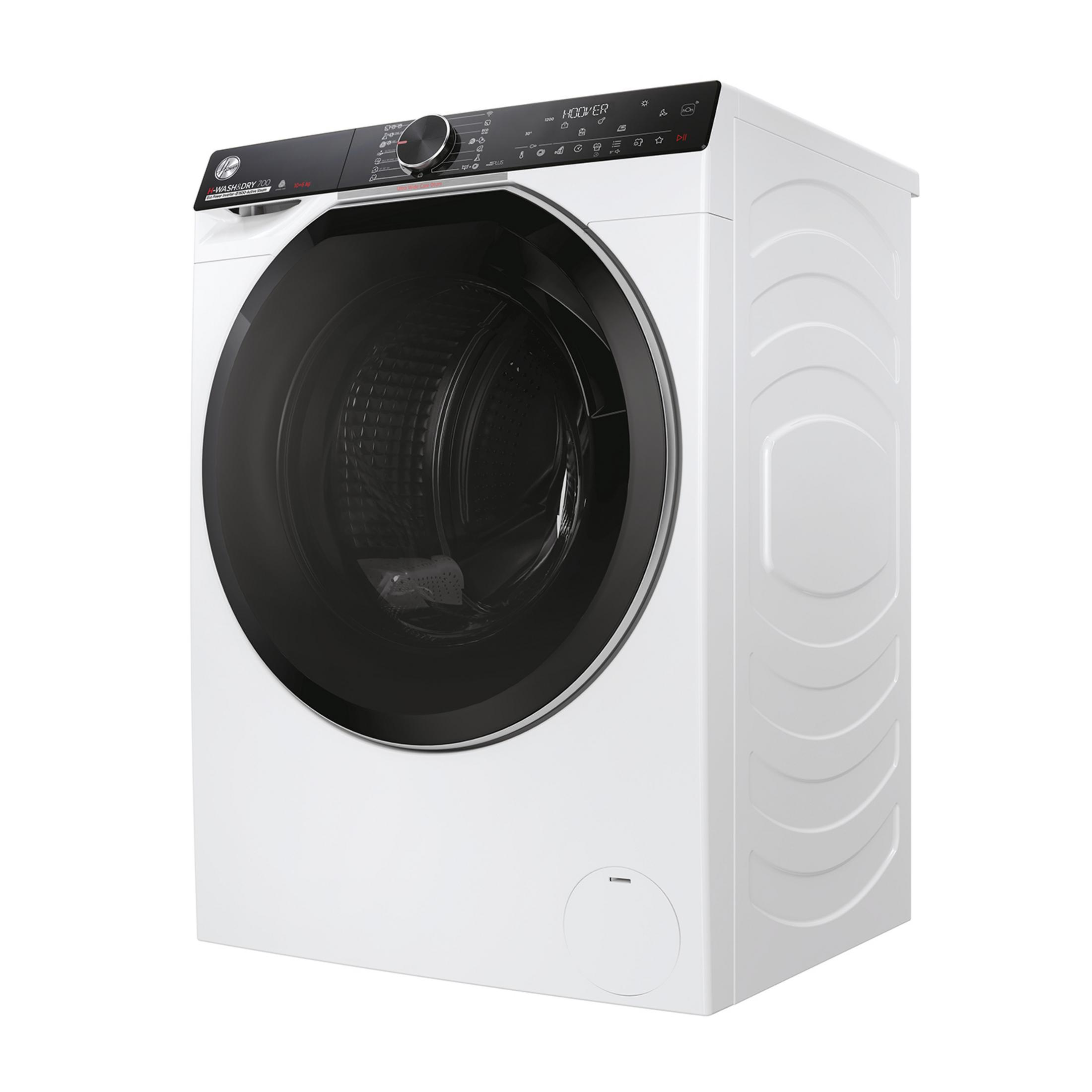 Una lavadora blanca Hoover con puerta y panel de control negros.
