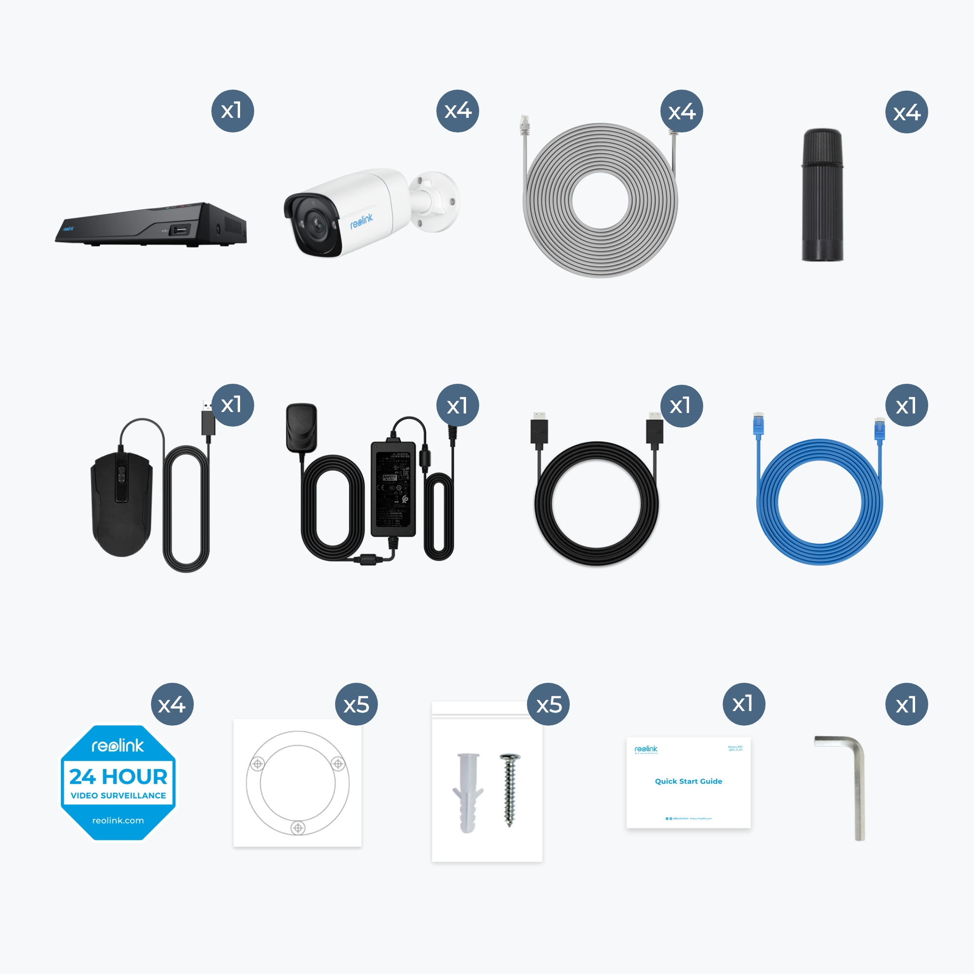 Reolink NVR, Kamera, Kabel, Maus, Netzteil, HDMI-Kabel und Zubehör.