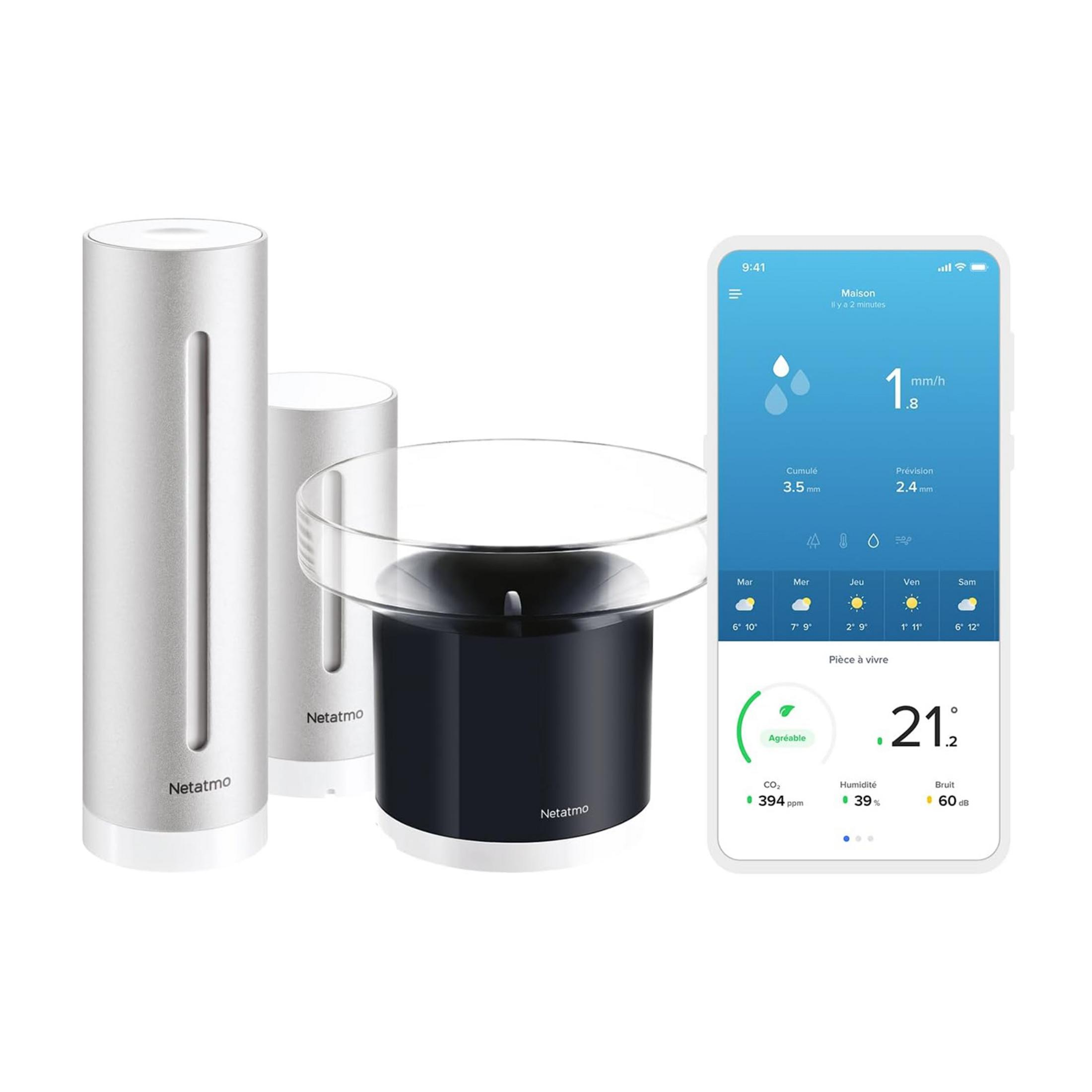 Stacja pogodowa Netatmo ze smartfonem wyświetlającym dane pogodowe.