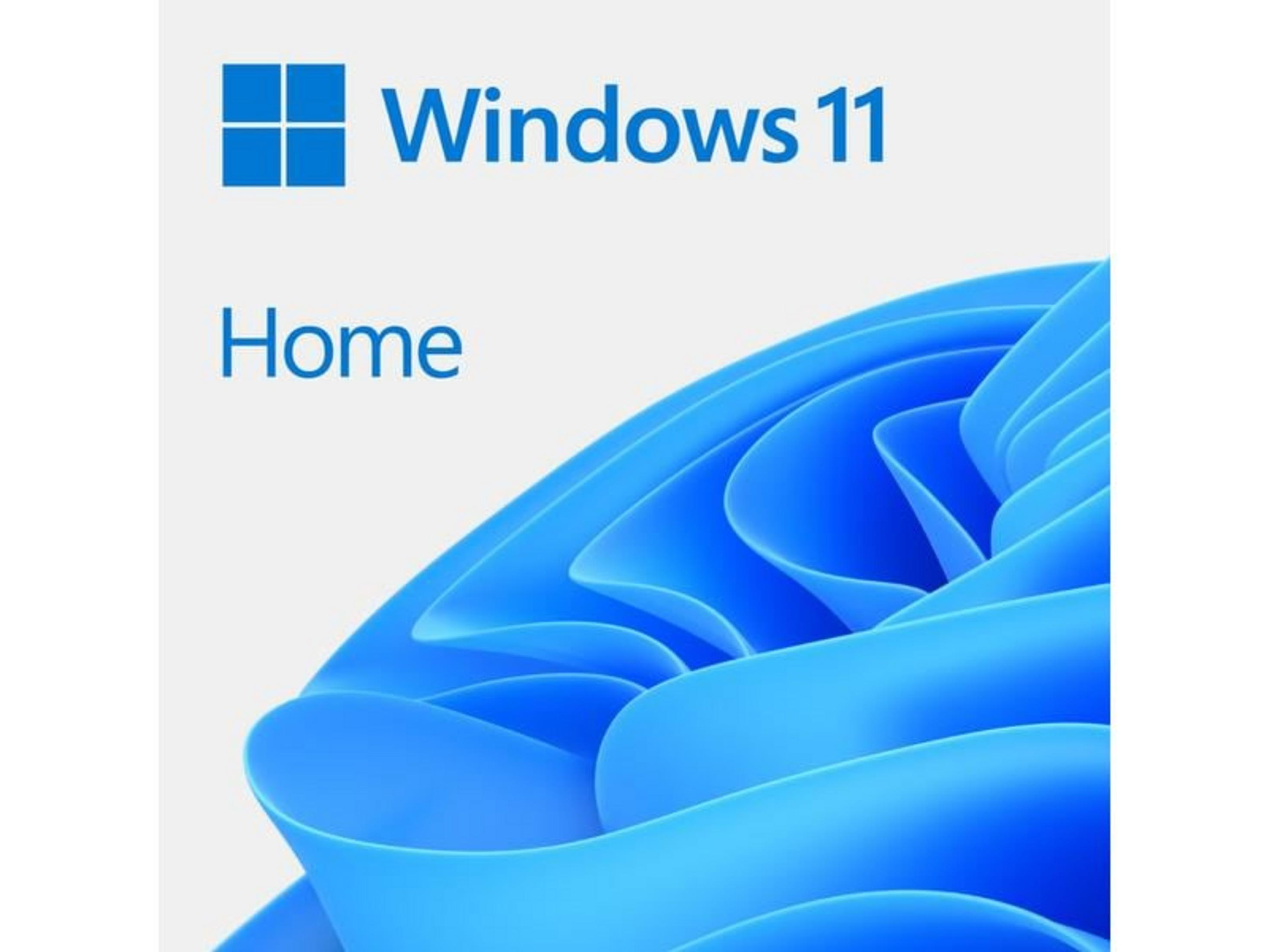Logo Windows 11 Home z niebieskimi abstrakcyjnymi kształtami.