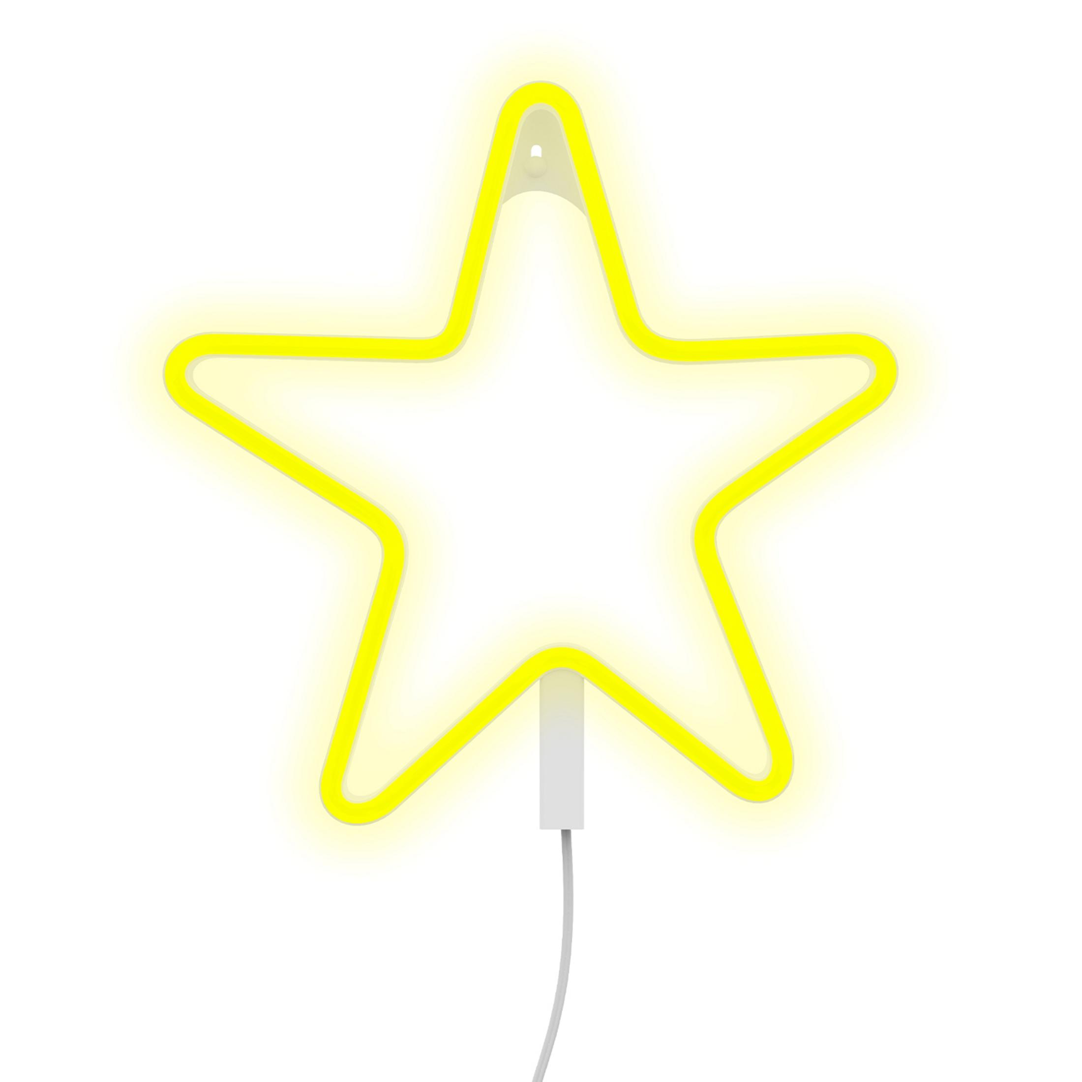 Una luce al neon a forma di stella gialla luminosa con cavo bianco.