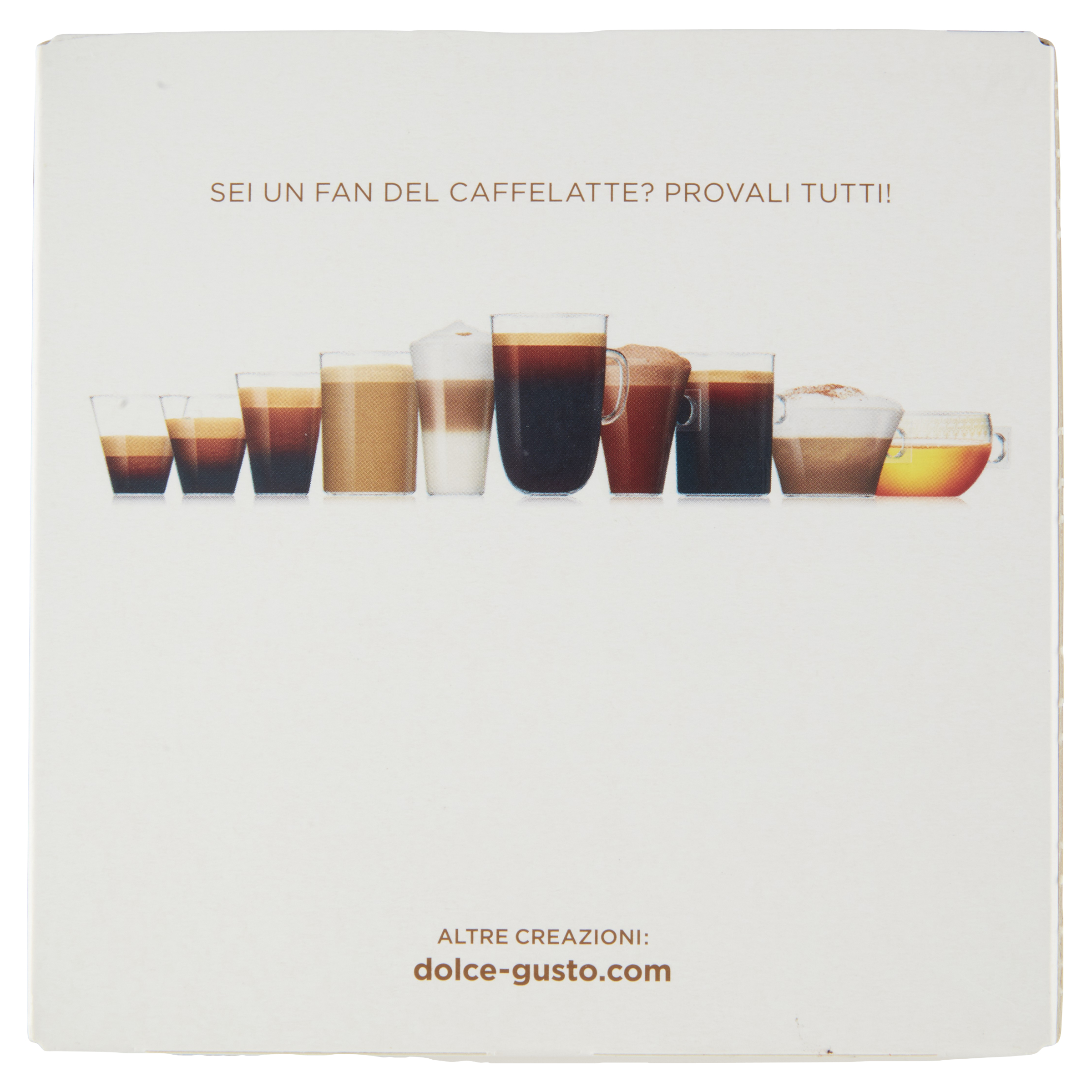 Fila di bicchieri da caffè con varie bevande, da espresso a latte.