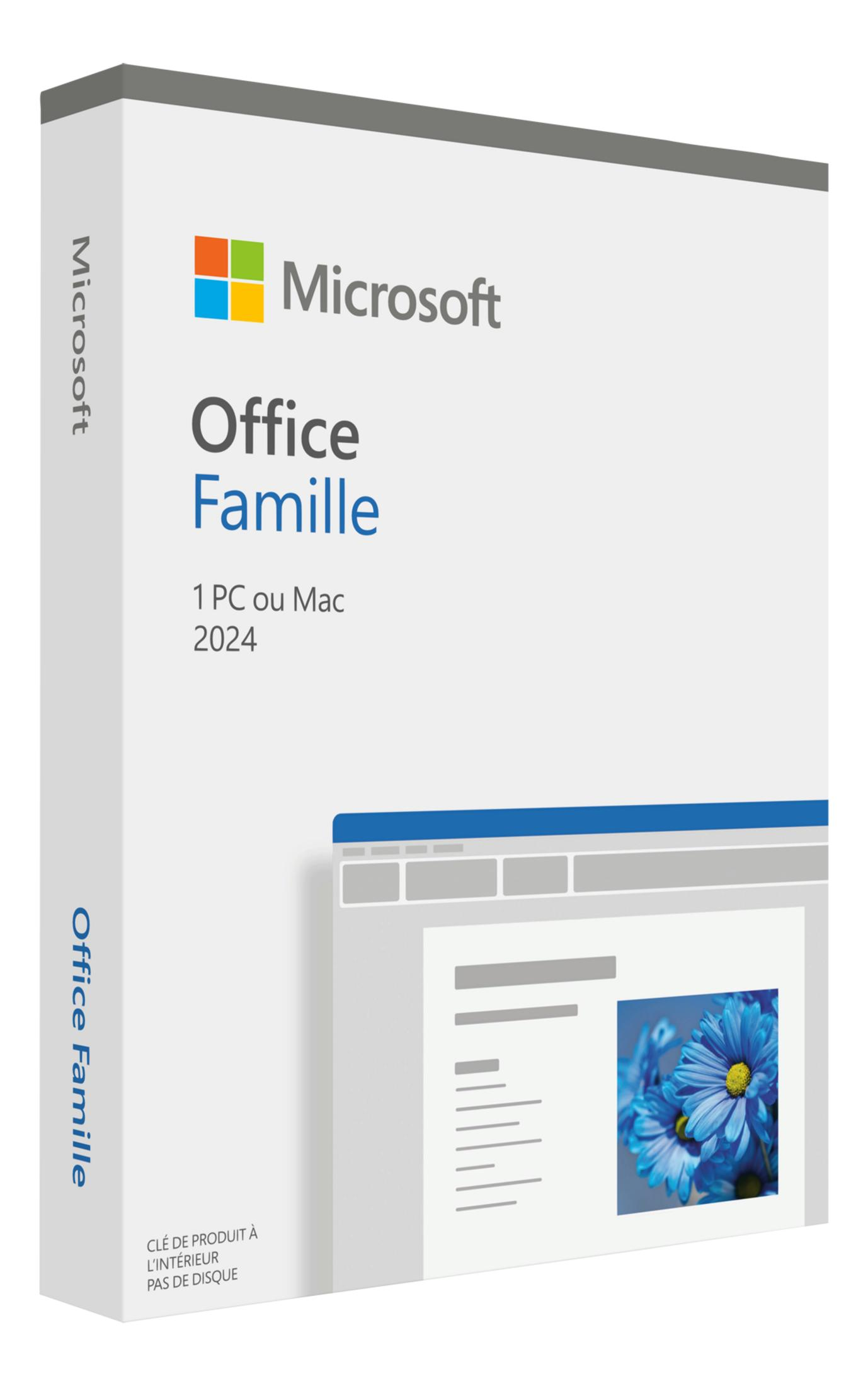 Microsoft Office Famille 2024 Box. Zeigt Microsoft-Logo, Text und Blumenbild.