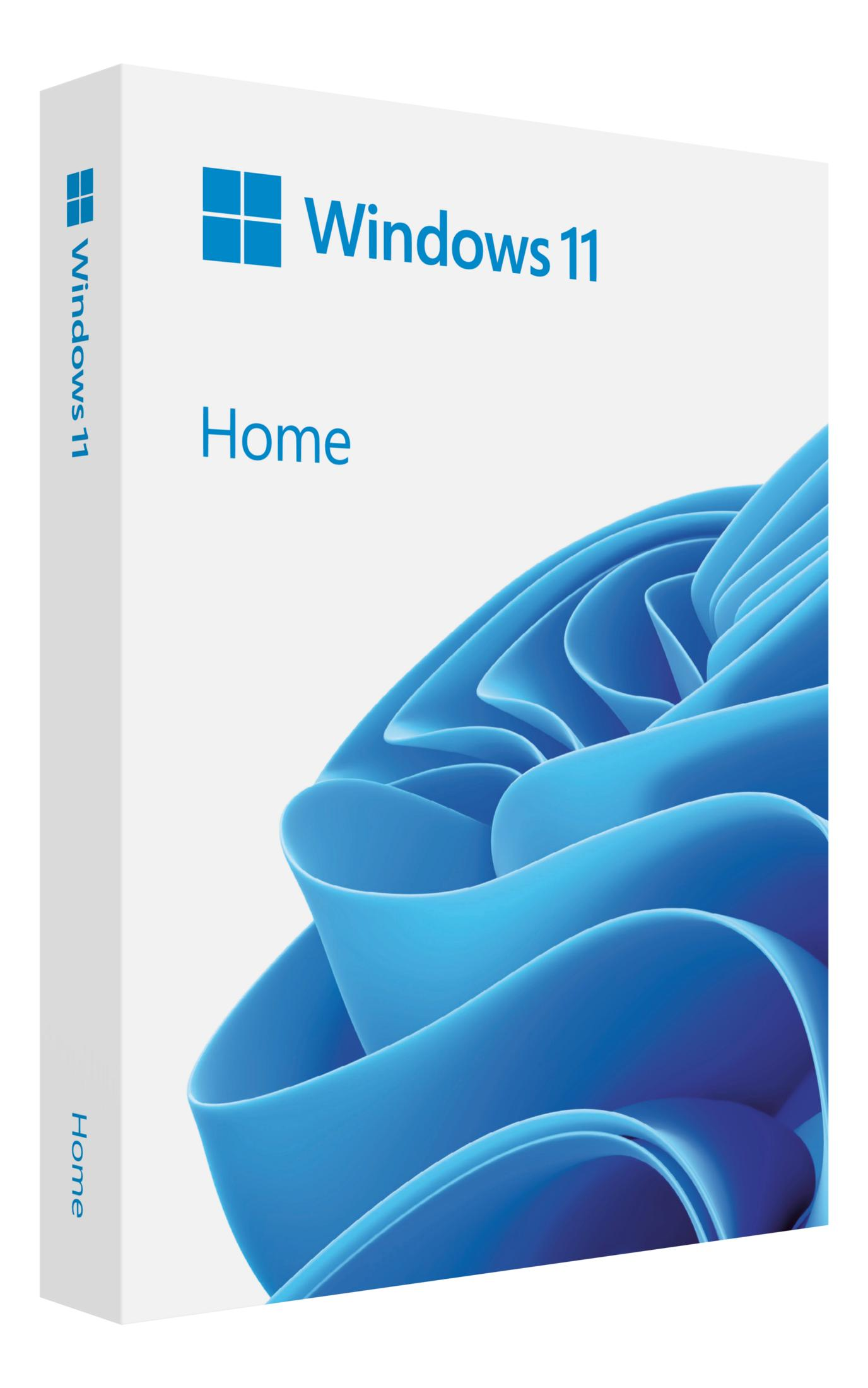 Verpackung von Windows 11 Home mit blauem Wellenmuster.