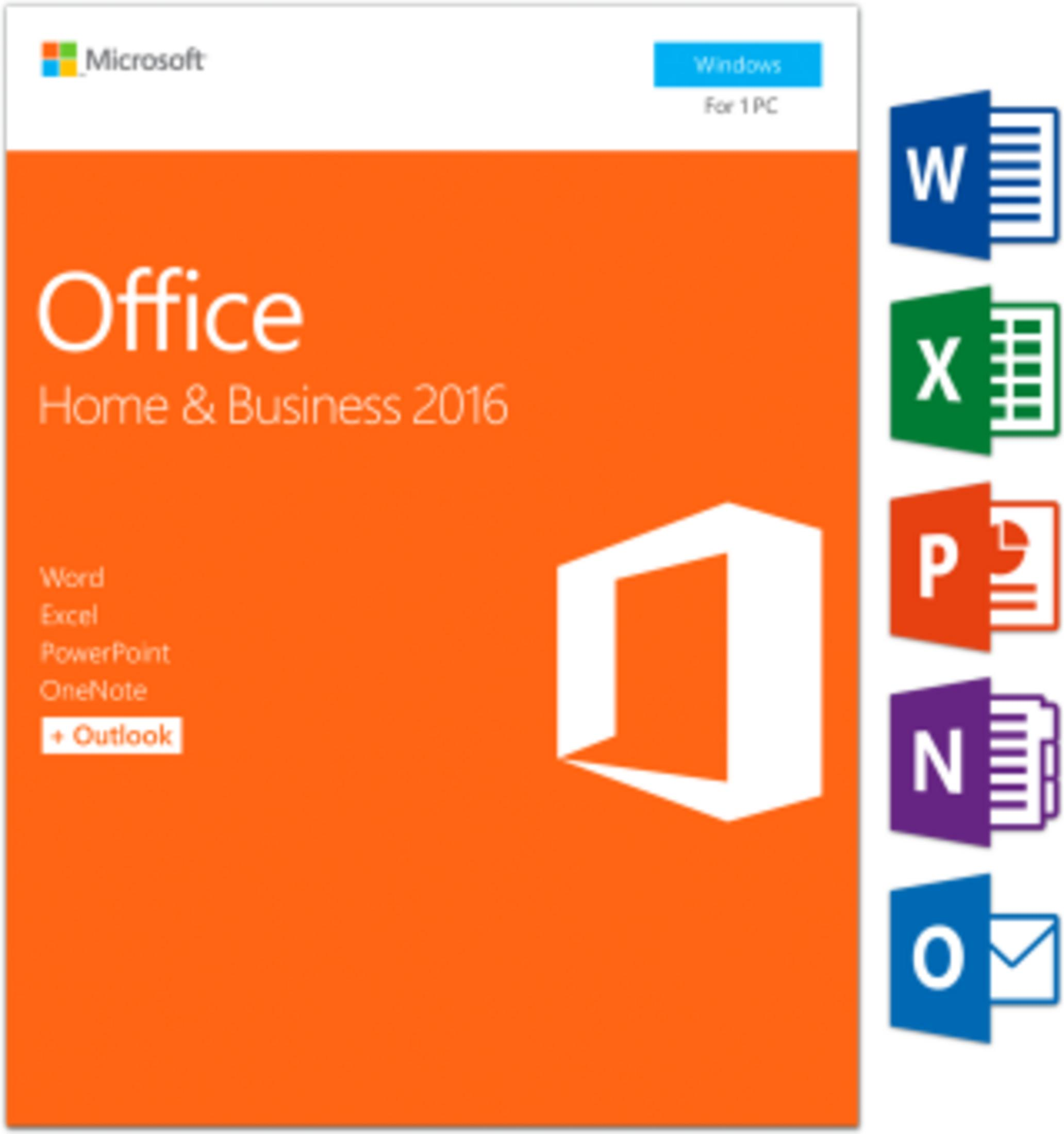Microsoft Office Home & Business 2016 mit Apps wie Word, Excel, PowerPoint, OneNote, Outlook.