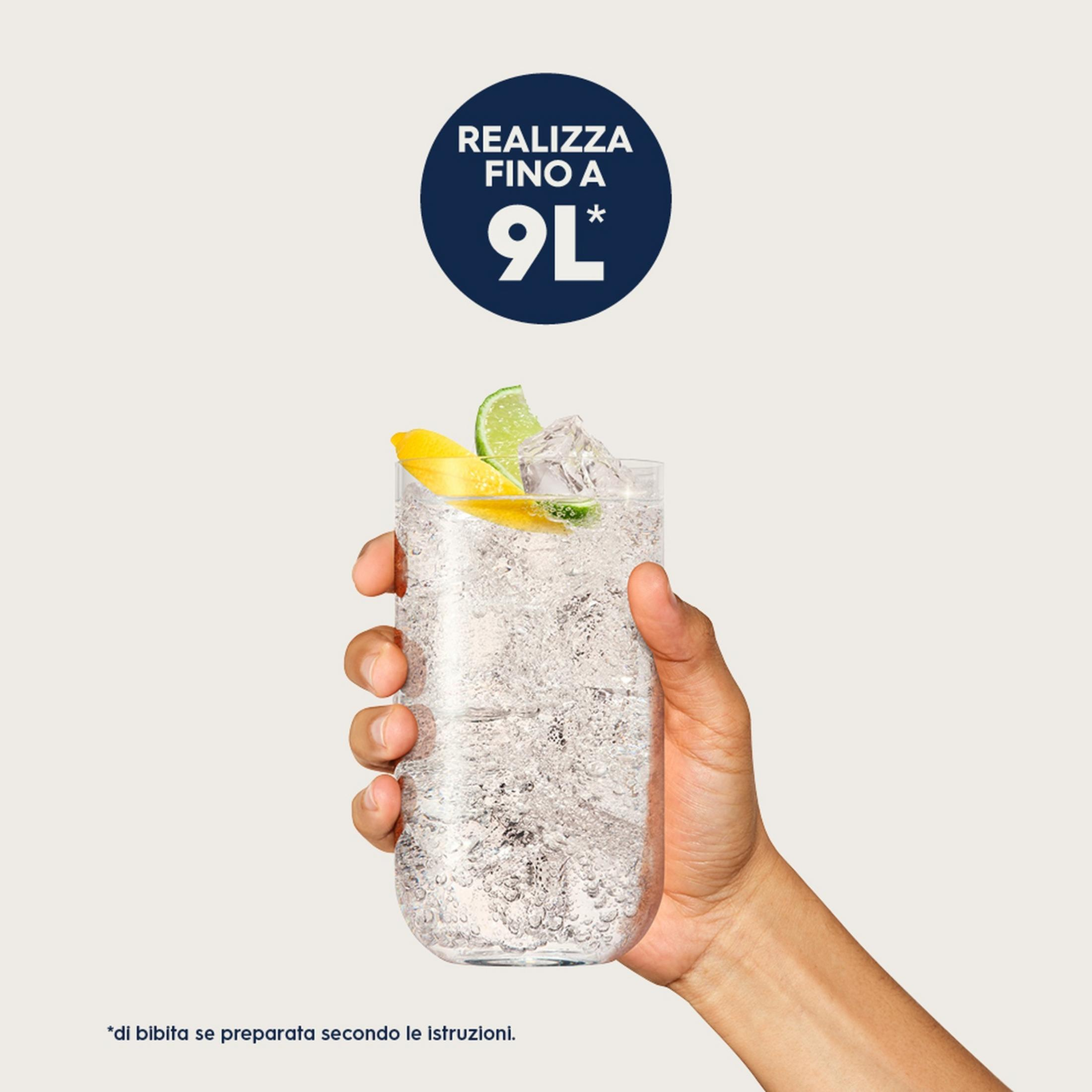 Una mano tiene un bicchiere con ghiaccio, limone e lime. Un cerchio mostra 9L.