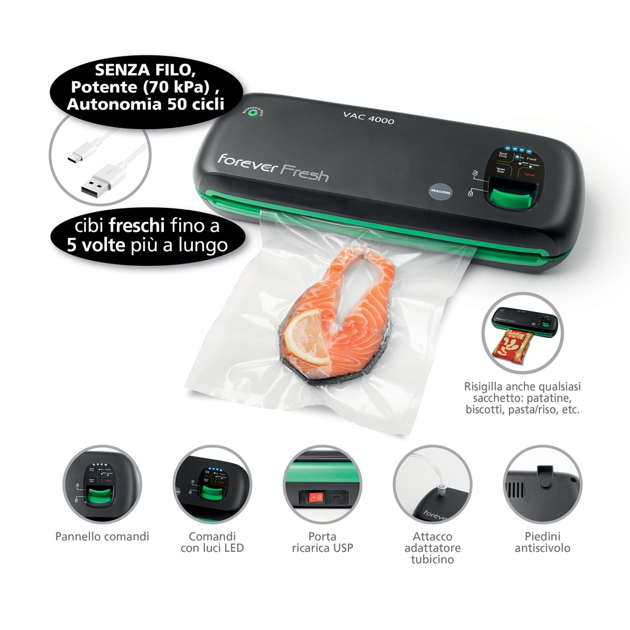 Zgrzewarka próżniowa z łososiem i cytryną, akcesoriami i kontrolkami.