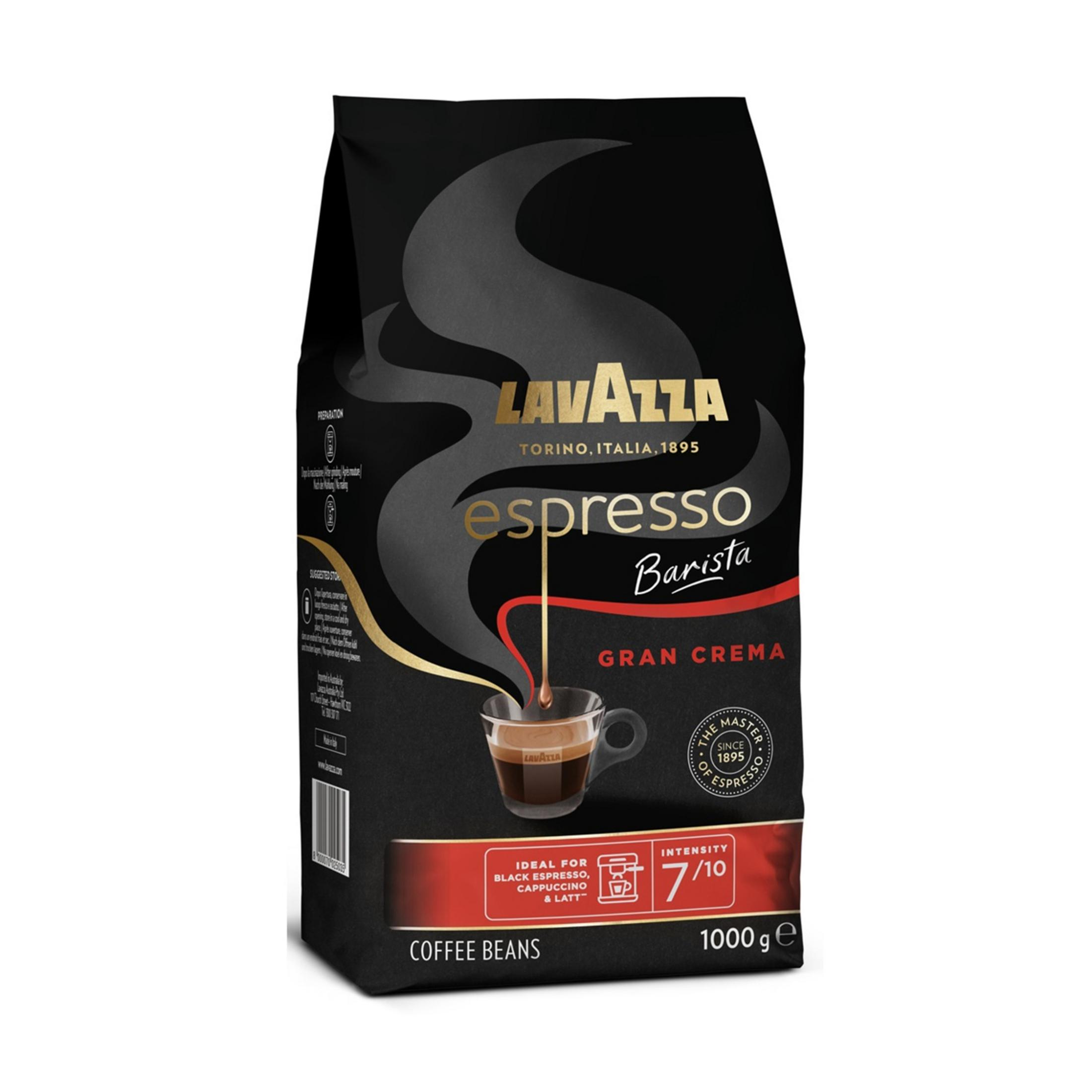 Lavazza Espresso Barista Gran Crema Kaffeepackung mit Espresso-Tasse.