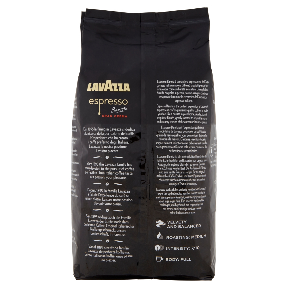 Lavazza Espresso Barista Gran Crema Kaffeepackung mit Text in mehreren Sprachen.
