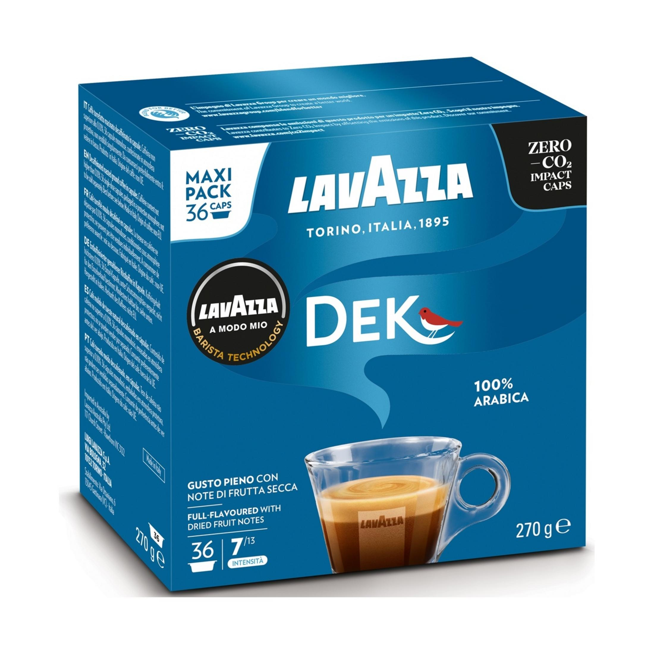 Lavazza Dek 36 capsule, 100% Arabica, note di frutta, espresso in bicchiere.
