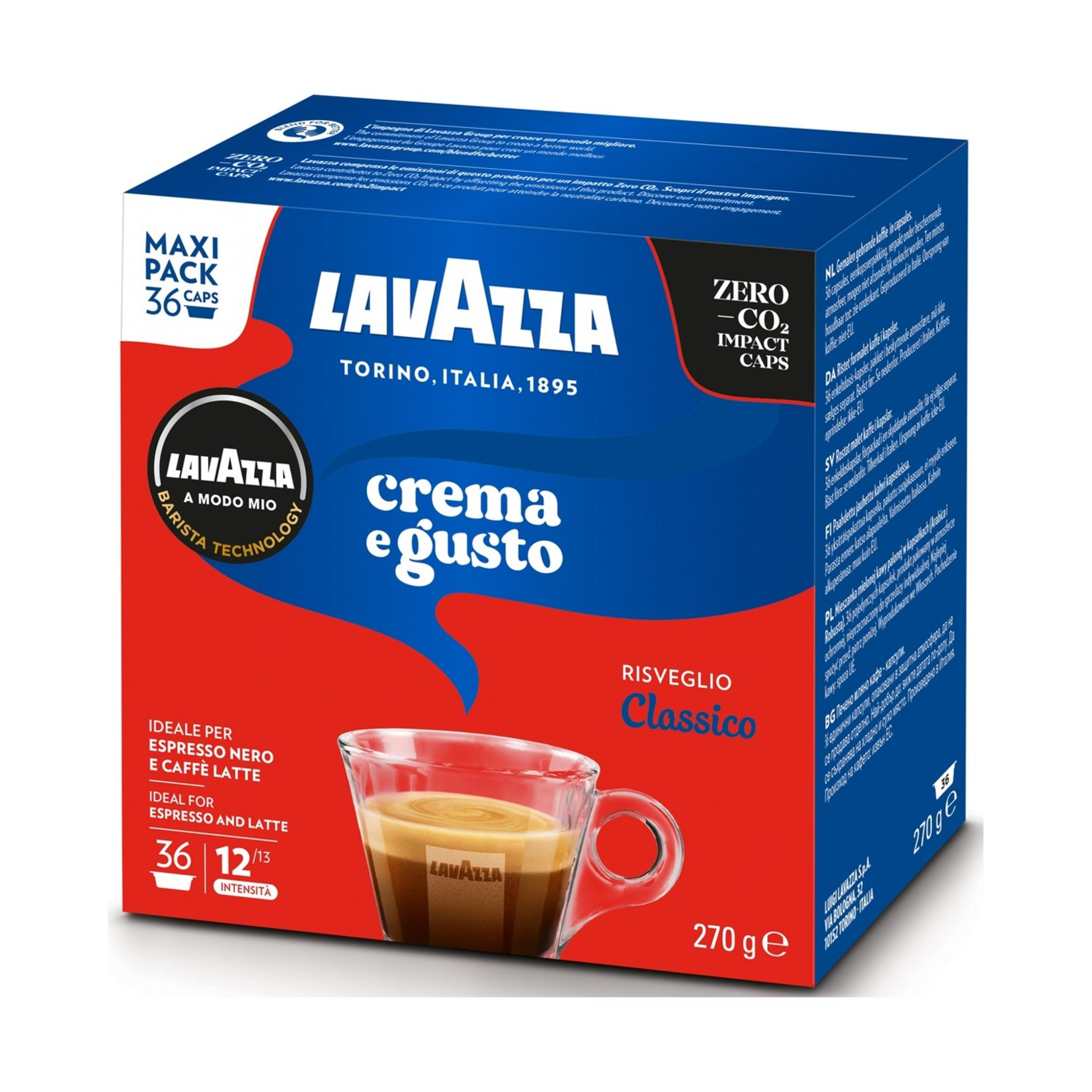 Capsule caffè Lavazza Crema e Gusto, Maxi Pack da 36, con tazzina espresso e latte.