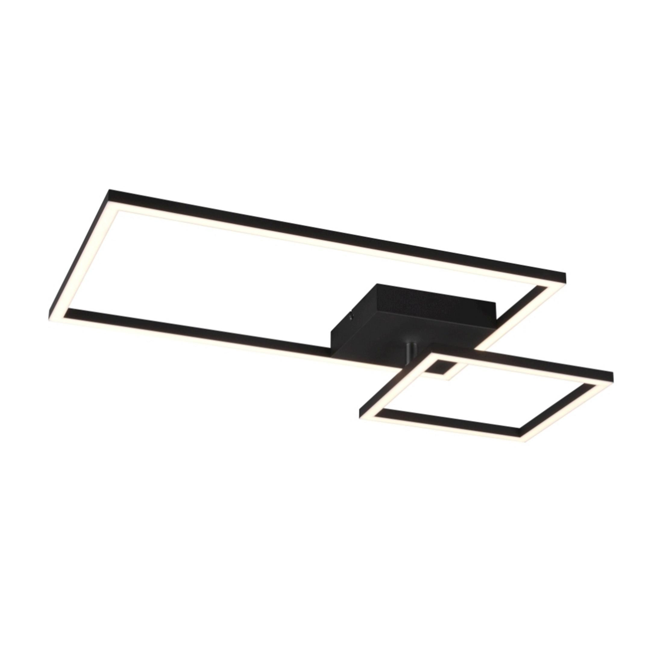 Lampada da soffitto nera con due cornici rettangolari e illuminazione LED.